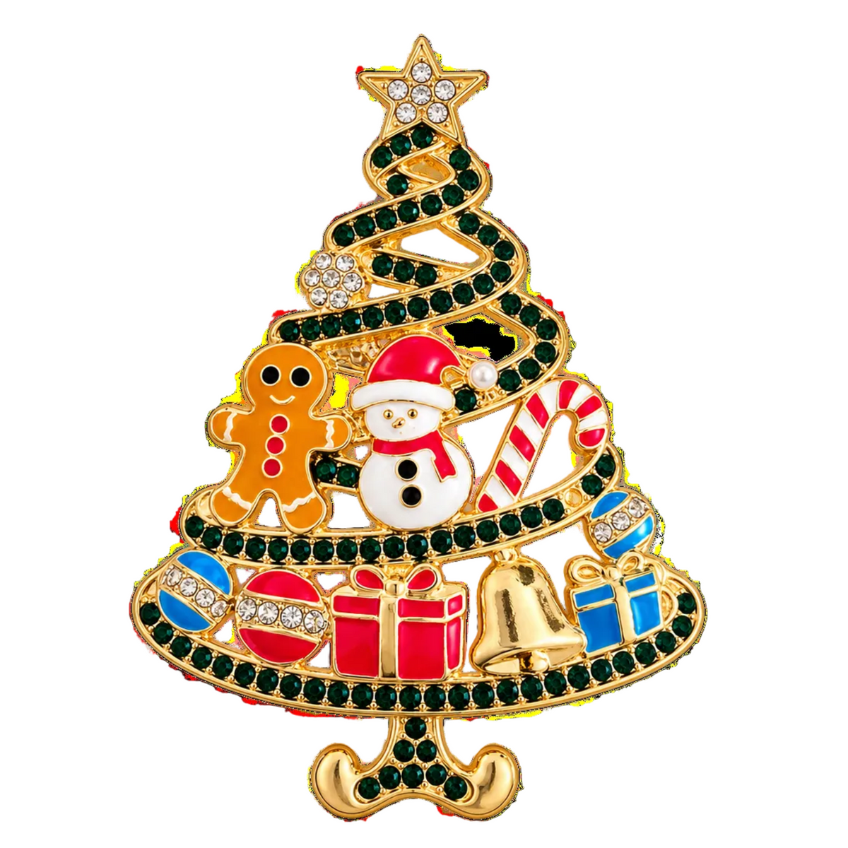A gold-tone Christmas tree-shaped brooch or pin decorated with dark green rhinestones and festive enamel details, including a gingerbread man, snowman, candy cane, ornaments, gifts, and bells, on a plain white background.