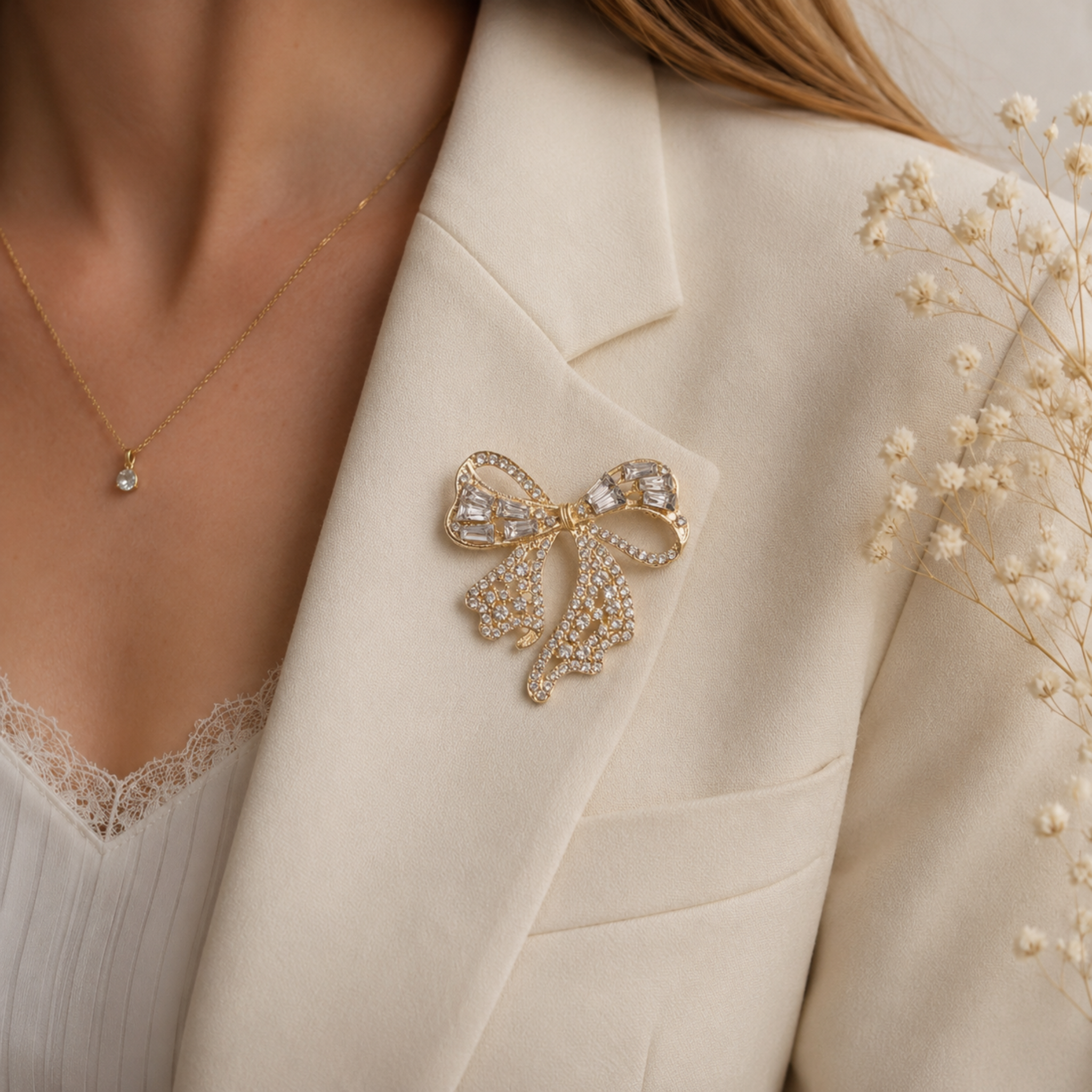 A gold bow-shaped brooch adorned with clear crystals, pinned to the lapel of a cream-colored blazer worn by a model.