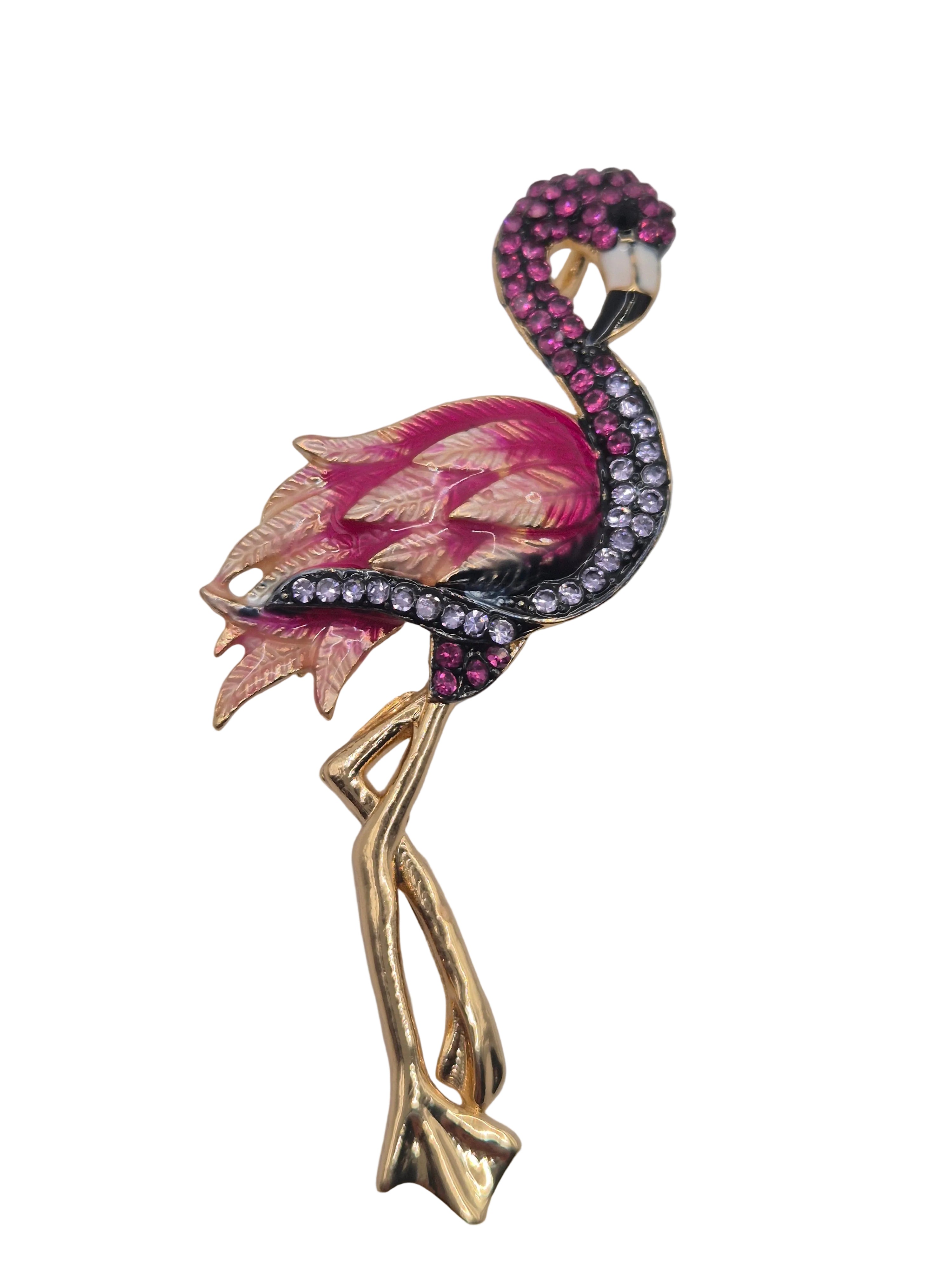 Pink flamingo brooch with rhinestone detail