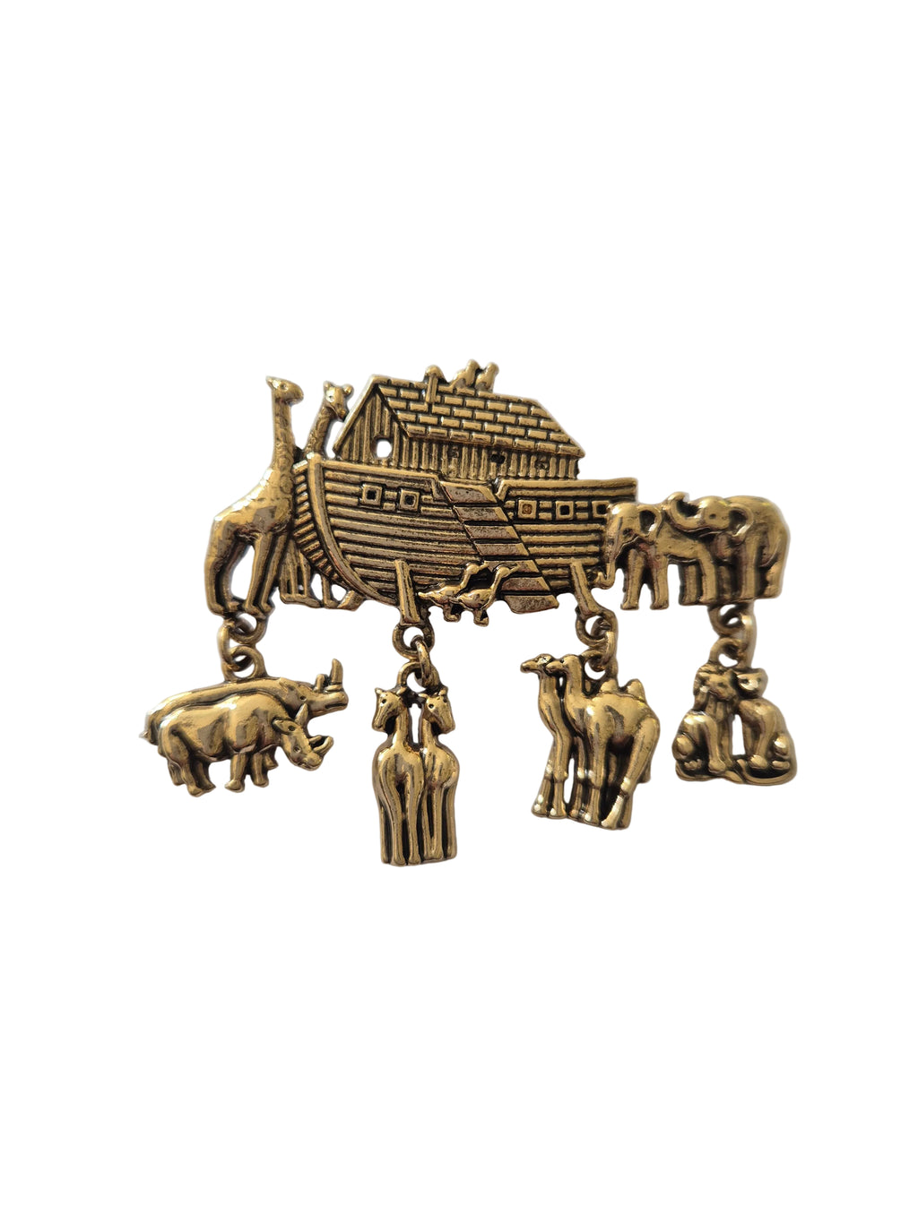 gold-colored charm brooch with Noah's Ark and animals on a white background