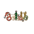 A festive enamel pin spelling out 'Believe' with a red Santa hat, green Christmas tree, and gold reindeer antlers, embellished with small clear rhinestones, on a plain white background.