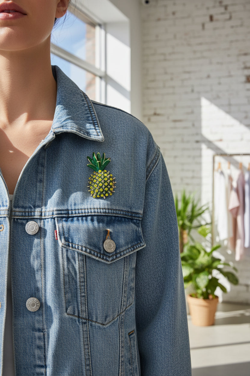 Pineapple-shaped brooch with green body and yellow gemstones on a jacket