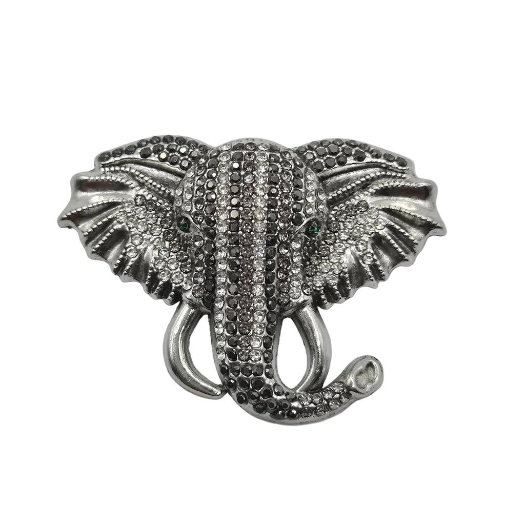 Large silver rhinestone elephant brooch statement pin on white background
