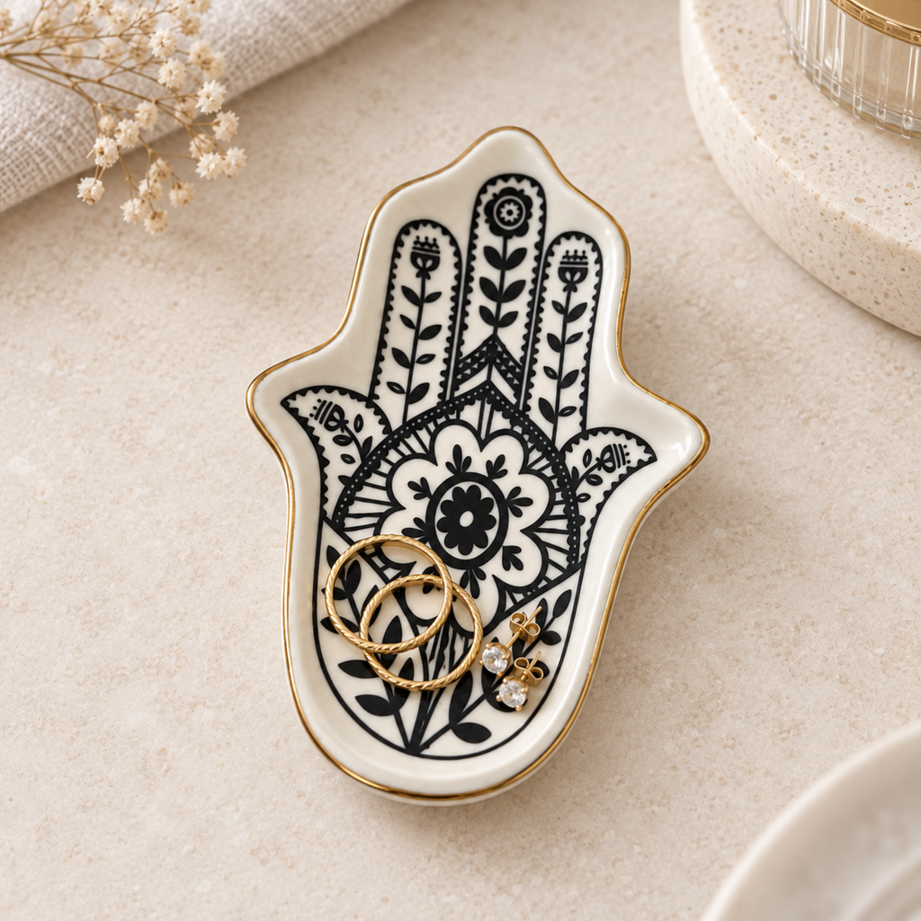 A Hamsa hand-shaped ceramic ring holder with black floral patterns and a gold-trimmed edge, styled on a light beige surface with dried flowers and rings inside.