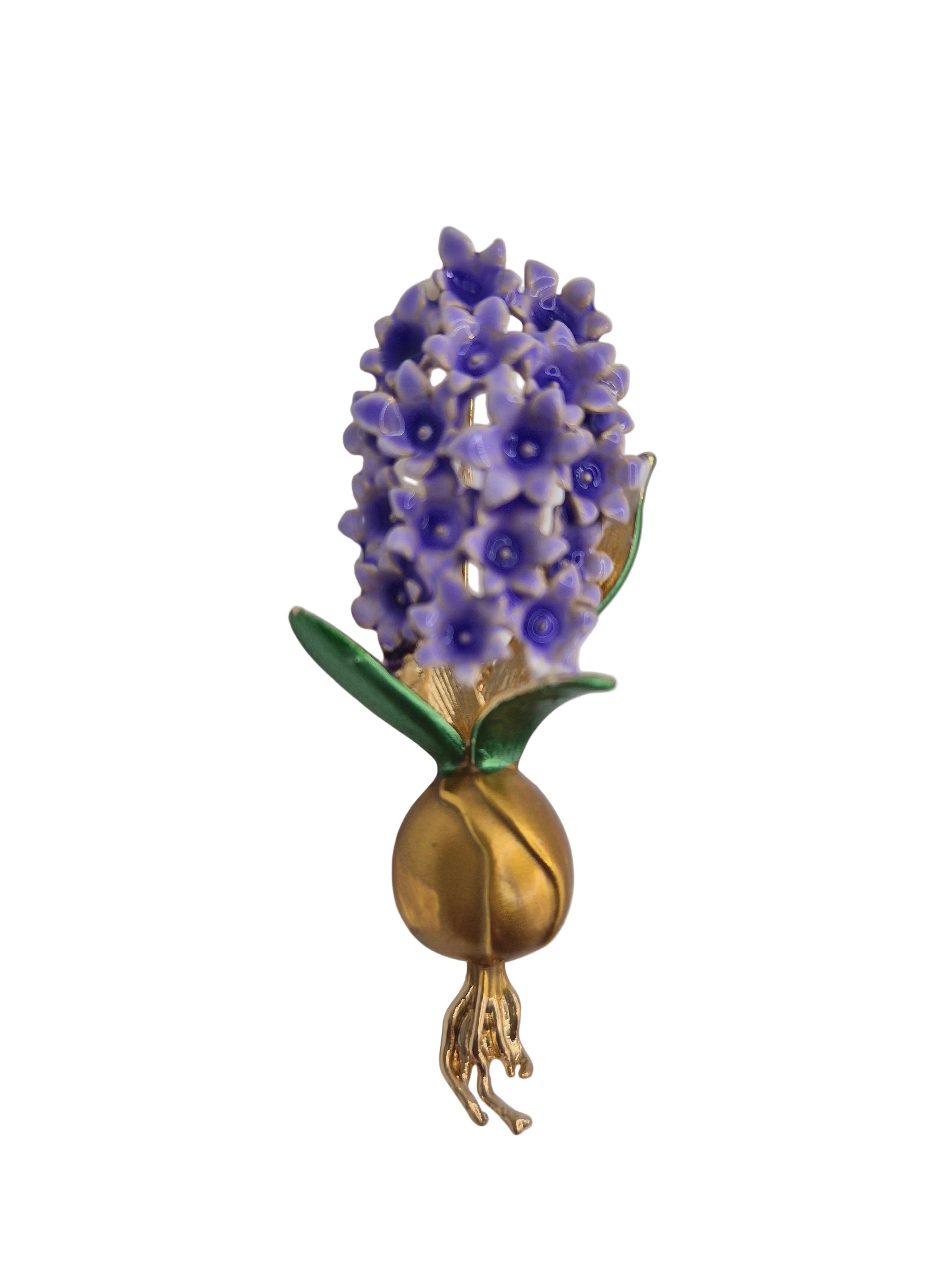Purple Hyacinth Flower Brooch - violet hyacinth brooch with gold stem on grey background