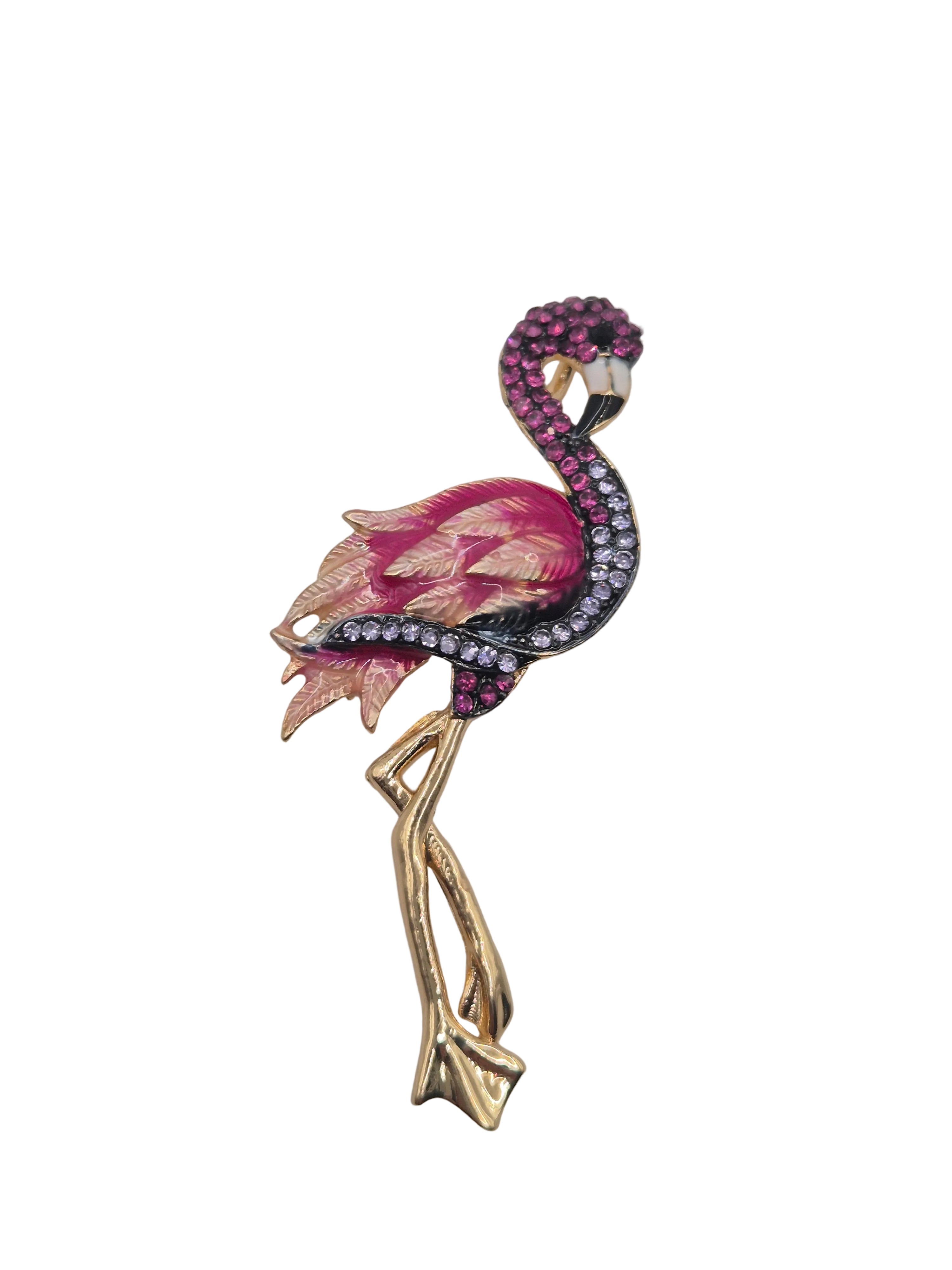 Pink flamingo brooch with rhinestone detail