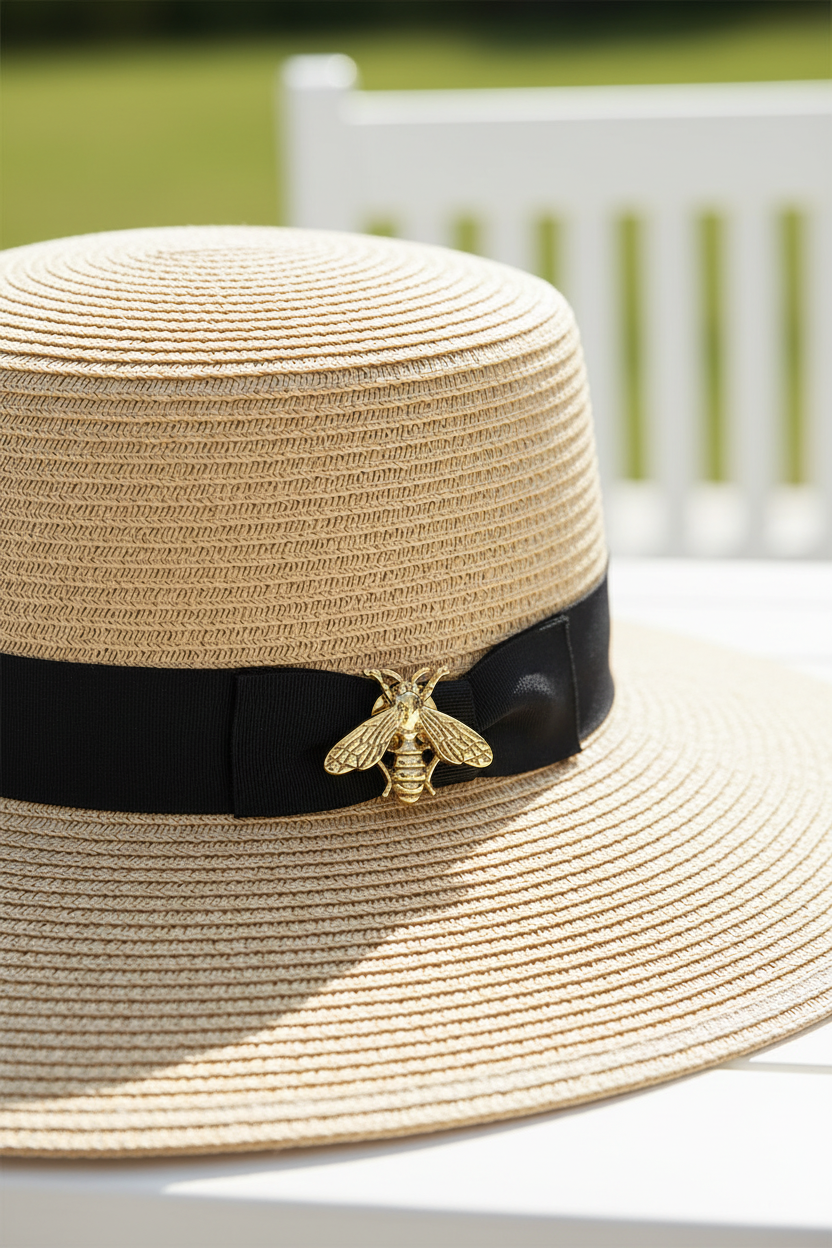 A gold bee-shaped lapel pin worn on the band around a summer straw hat with garden and bench background.