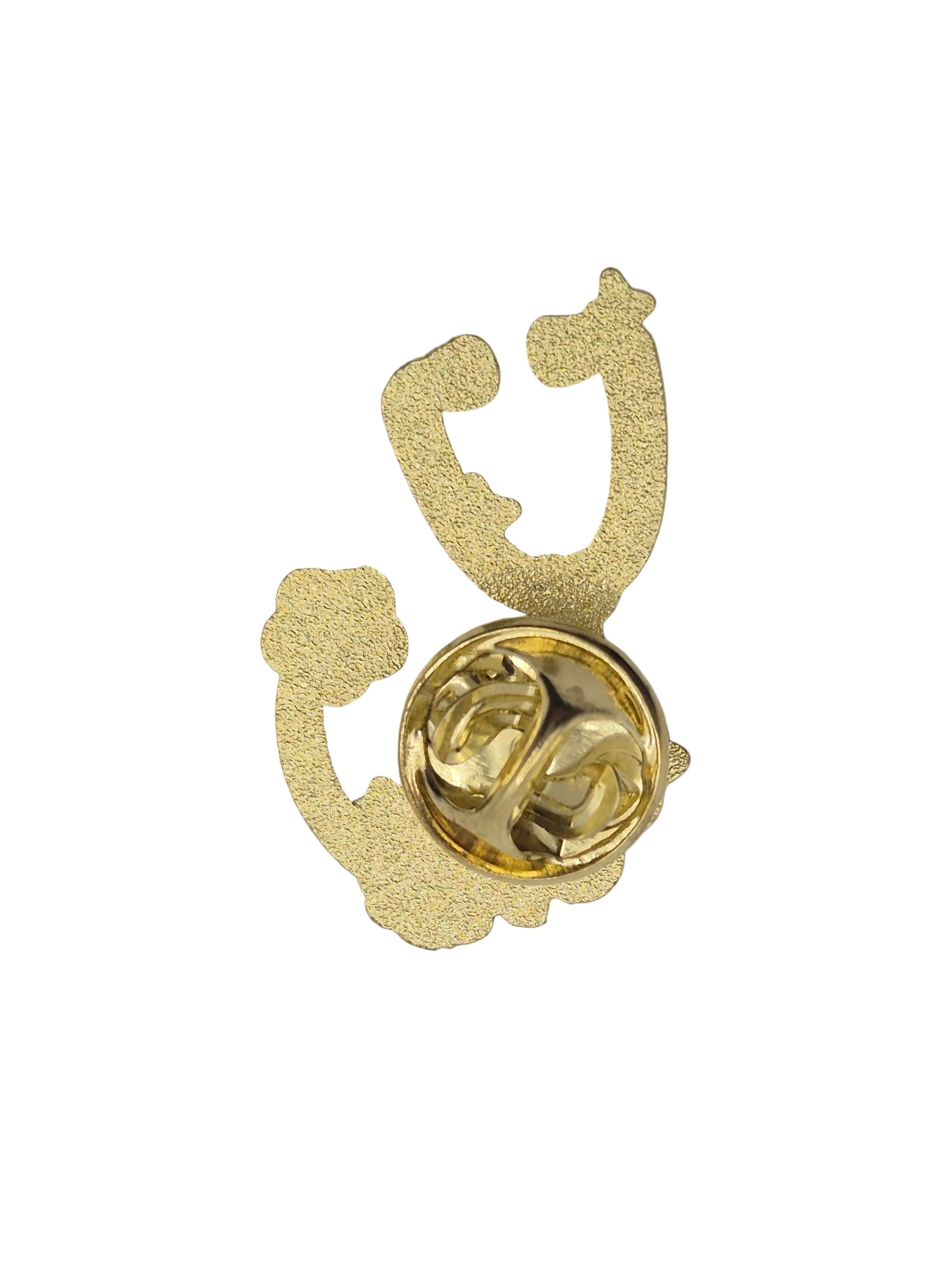 A gold-colored metal lapel pin shaped like a stylized stethoscope, with a textured glitter finish and a standard lobster clasp back, shown on a plain white background.