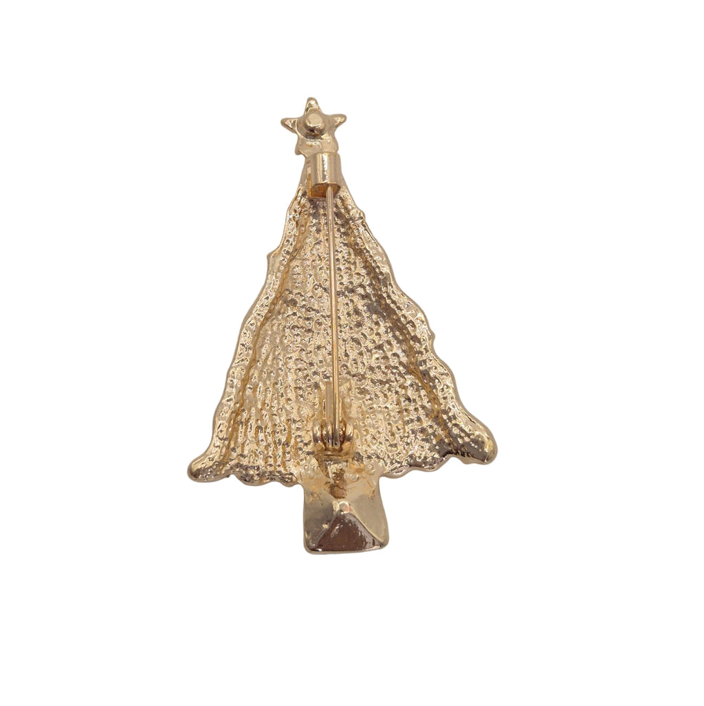 A textured gold Christmas tree-shaped brooch with a star on top and a pin clasp at the bottom, shown against a plain white background.