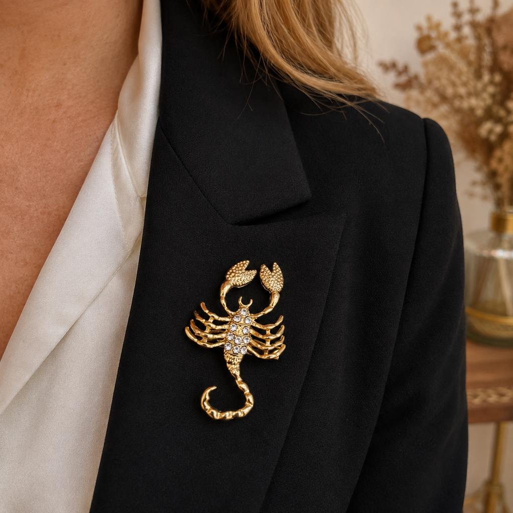 A gold-toned scorpion brooch embellished with clear crystals, pinned to the lapel of a black blazer worn by a model.