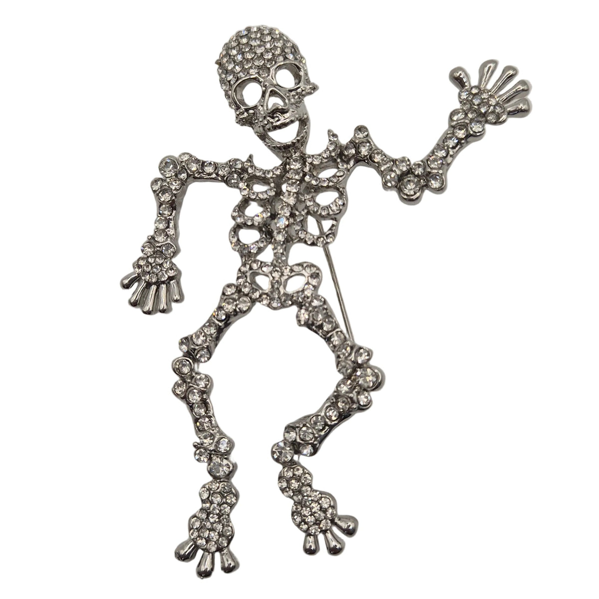A skeleton-shaped brooch embellished with clear rhinestones on a plain white background.