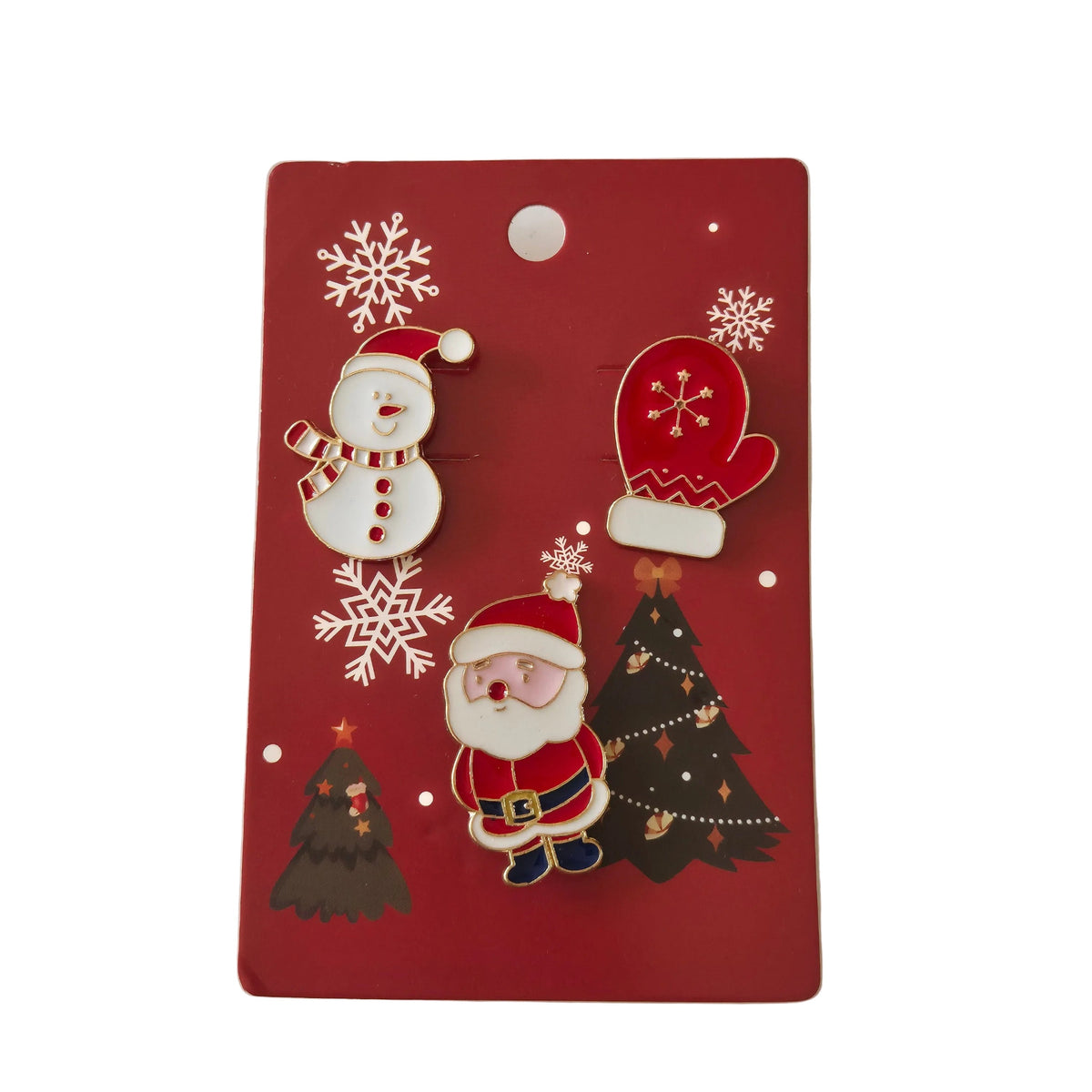 Set of 3 Christmas pin brooches displayed on a red Christmas themed card, shown against a plain white background.