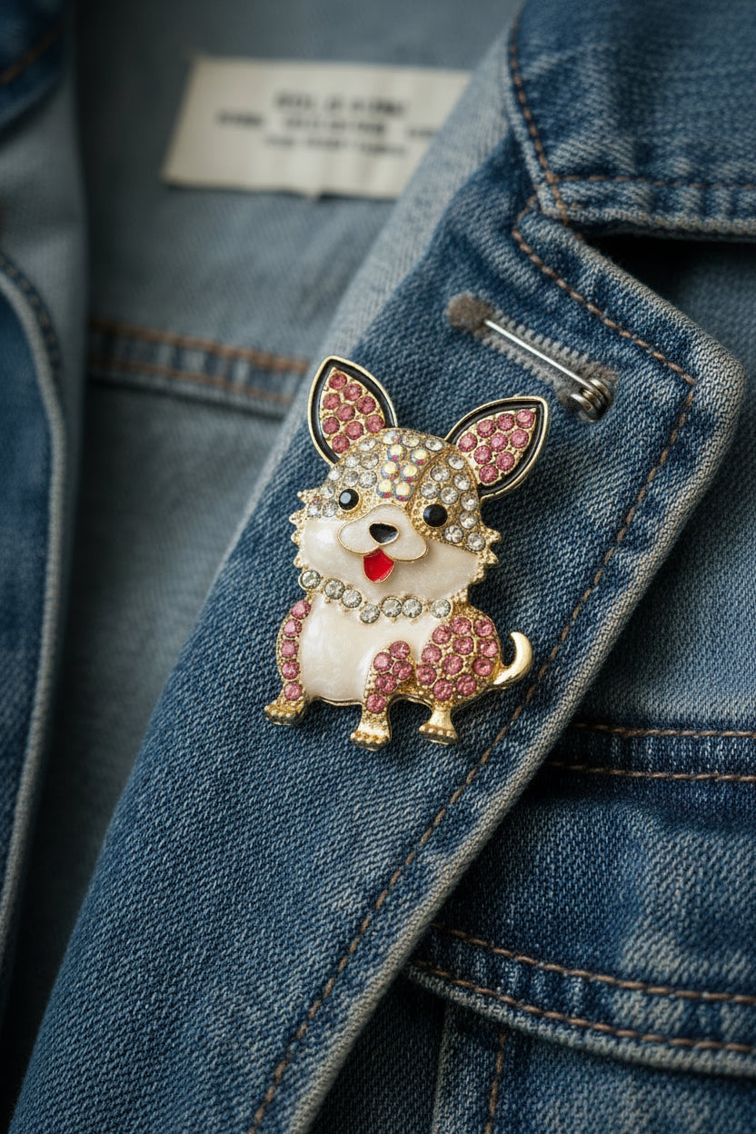Decorative dog brooch with rhinestones on a plain background
