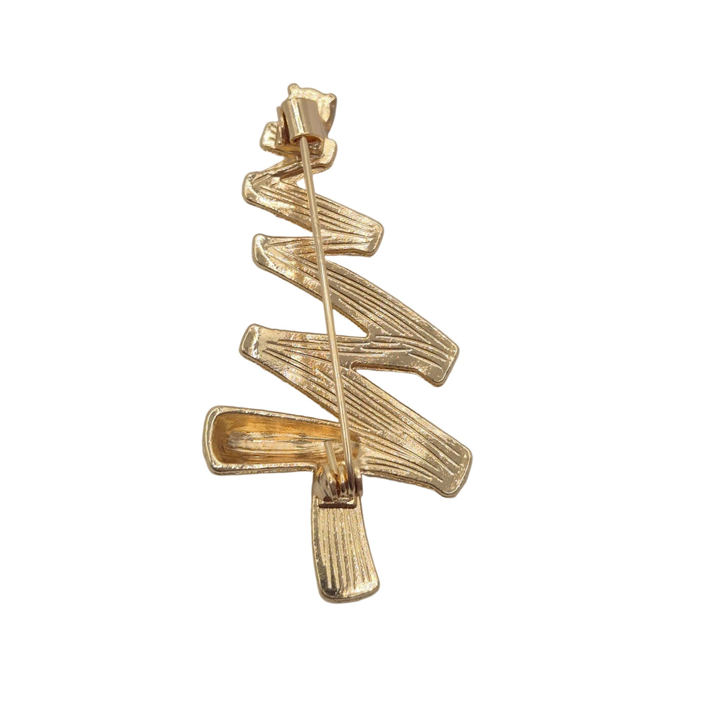 A gold Christmas tree-shaped brooch with a textured, ribbed finish and a safety pin back, shown on a plain white background.