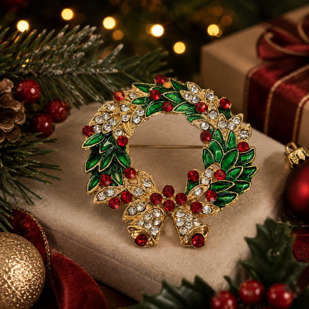 Gold-tone Christmas wreath brooch with green enamel leaves, red and clear sparkling crystals and a decorative bow, displayed with festive greenery, berries, baubles and warm Christmas lights.