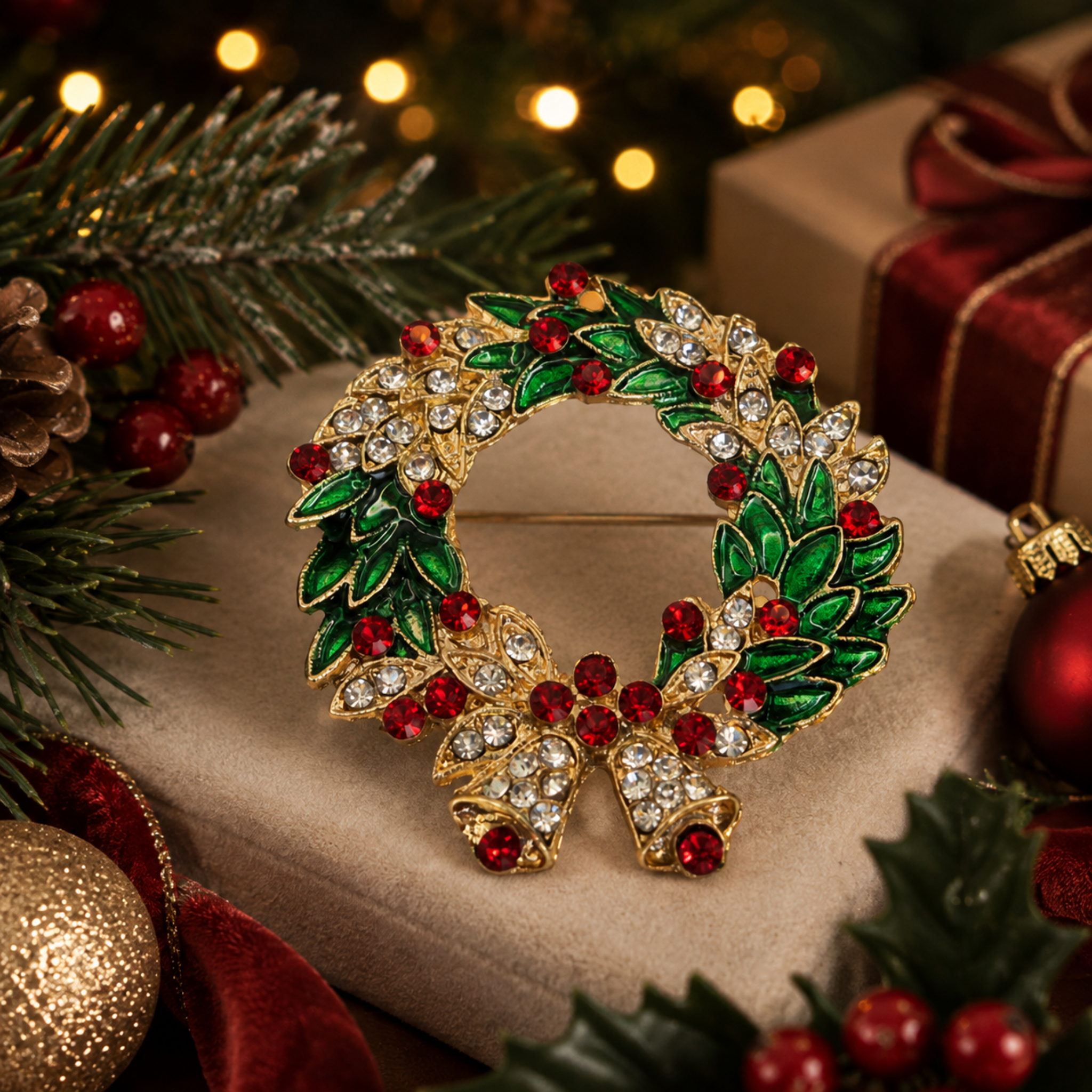 Gold-tone Christmas wreath brooch with green enamel leaves, red and clear sparkling crystals and a decorative bow, displayed with festive greenery, berries, baubles and warm Christmas lights.