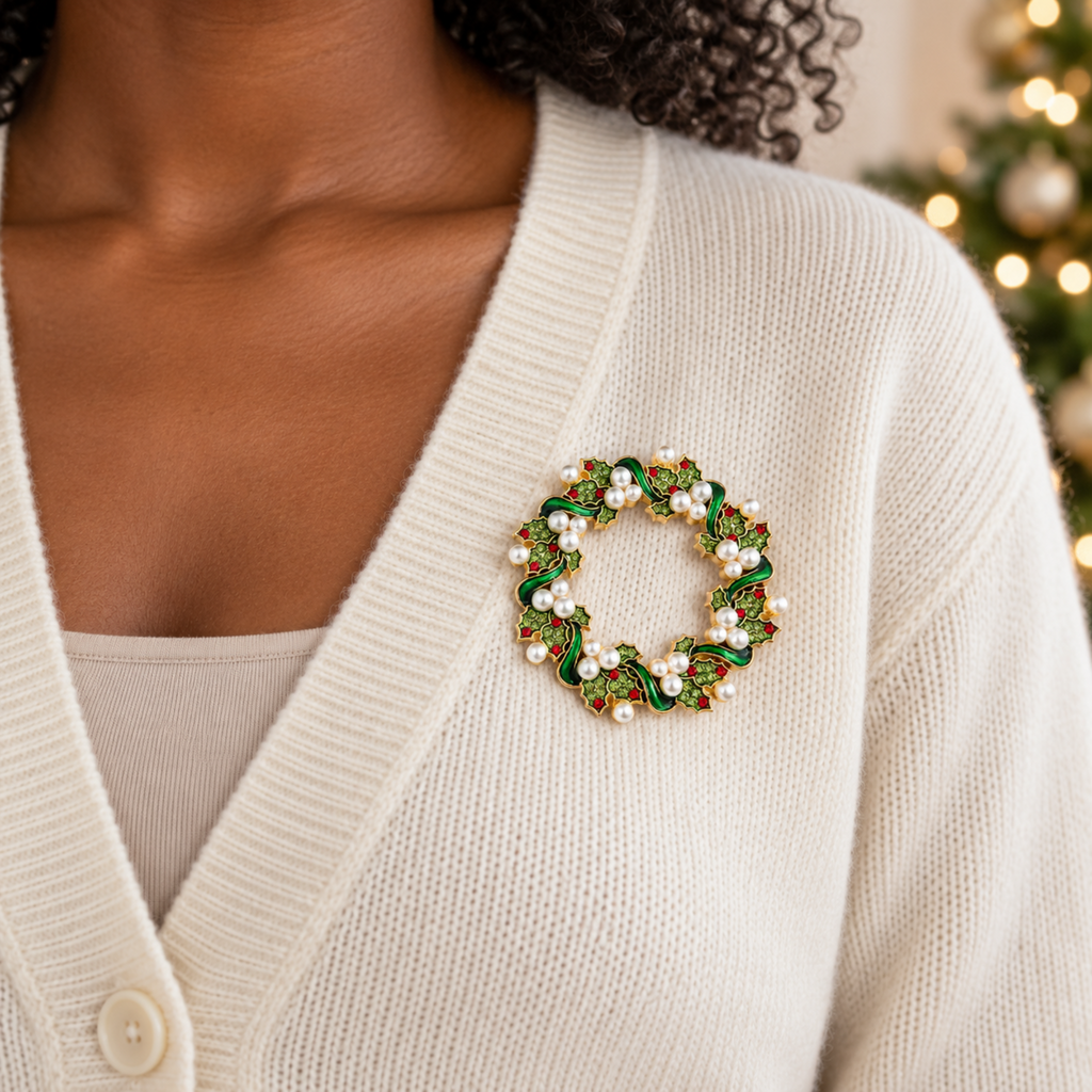 A close-up of a woman wearing a holiday wreath brooch on her cream-colored cardigan sweater. The brooch features green enamel leaves, gold-tone metal outlines, and small white faux pearls.