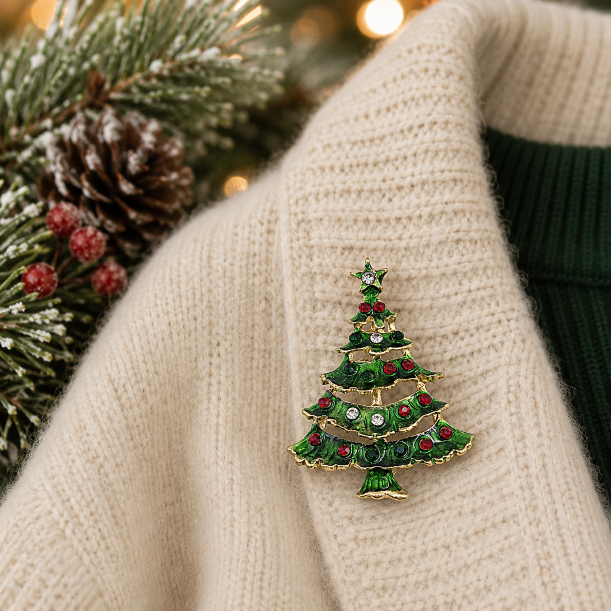 A Christmas tree-shaped brooch with green enamel, gold trim, and red and white rhinestones, pinned to a cream knit sweater. A dark green ribbed sweater layer is visible on the right, and festive pine branches with a pinecone and warm blurred lights appear on the left.