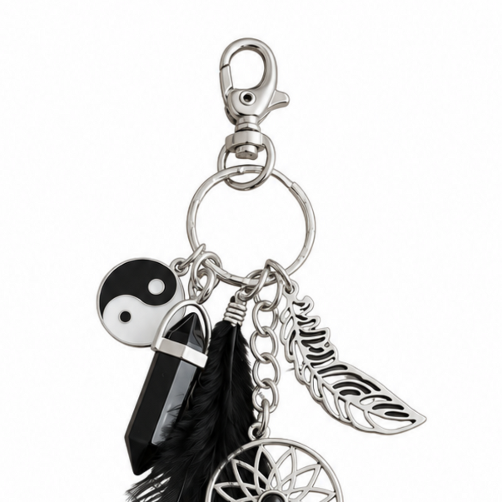 A silver-toned metal keychain charm set featuring a lobster clasp, key ring, a feather-shaped charm, a dreamcatcher charm, a black crystal point, black feathers, and a black-and-white yin-yang symbol charm, shown on a plain white background.
