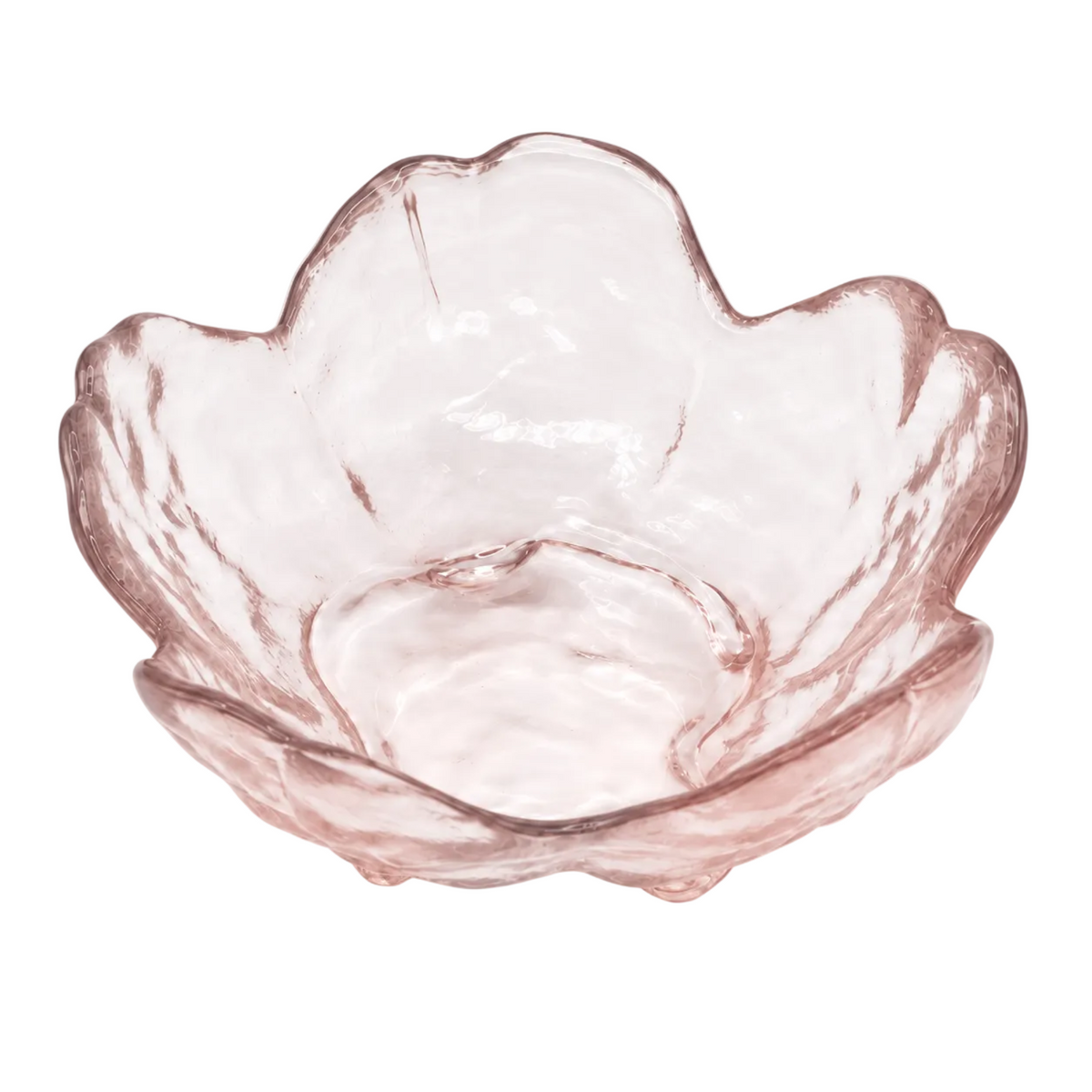A translucent pink glass candle holder with a scalloped, petal-like rim, shown on a clean white background.