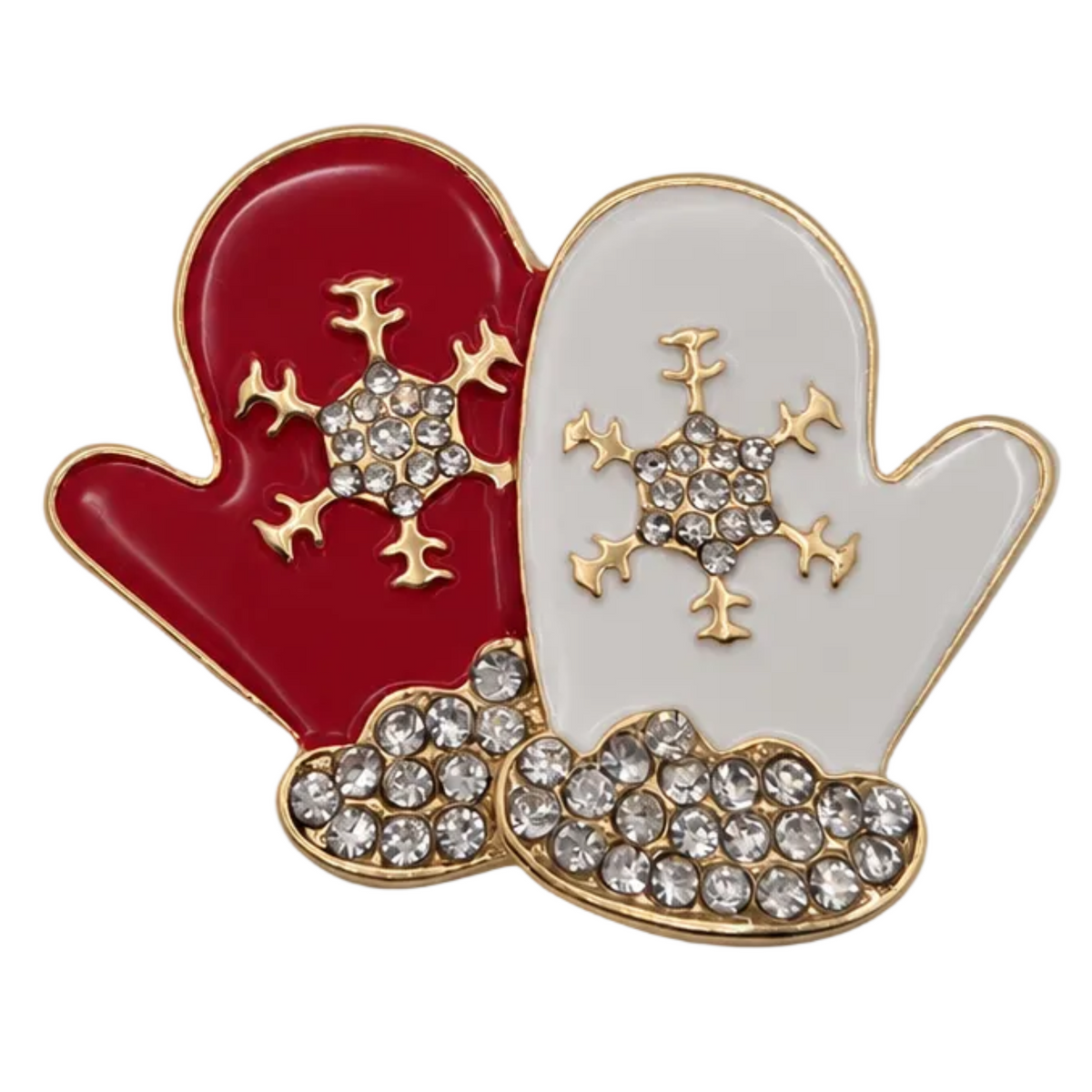 A pair of Christmas mitten lapel pins, one red and one white, both decorated with gold snowflakes and rhinestone-covered snow at the bottom, set against a plain white background.