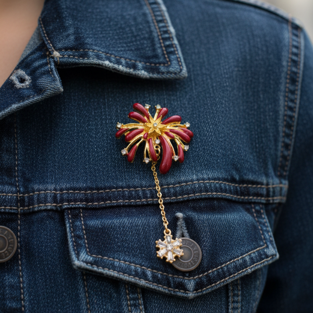 A close-up of a person wearing a dark blue denim jacket, featuring a gold and red firework-shaped brooch with a dangling gold chain and star charm on the chest pocket.