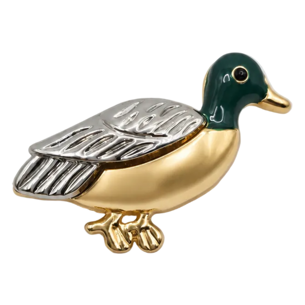 A duck-shaped brooch with a gold body, silver wings, and a dark green head on a plain white background.