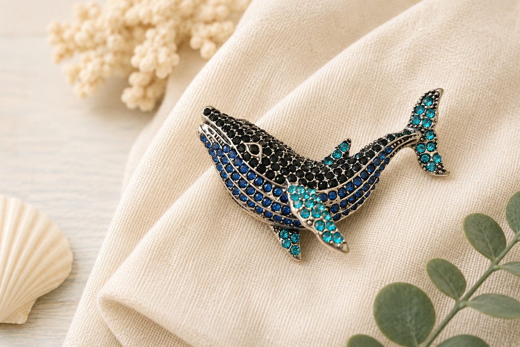Rhinestone whale brooch with sparkling blue, turquoise and black crystals displayed on soft cream fabric with subtle coastal styling, creating an elegant lifestyle product image for Shopify.