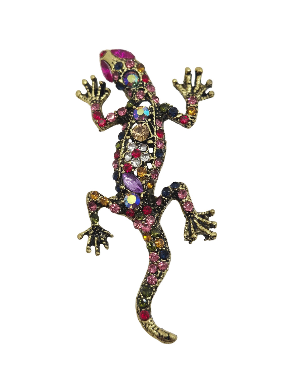 A gecko-shaped brooch embellished with multicolored rhinestones and set in a gold-tone metal, shown against a plain white background.