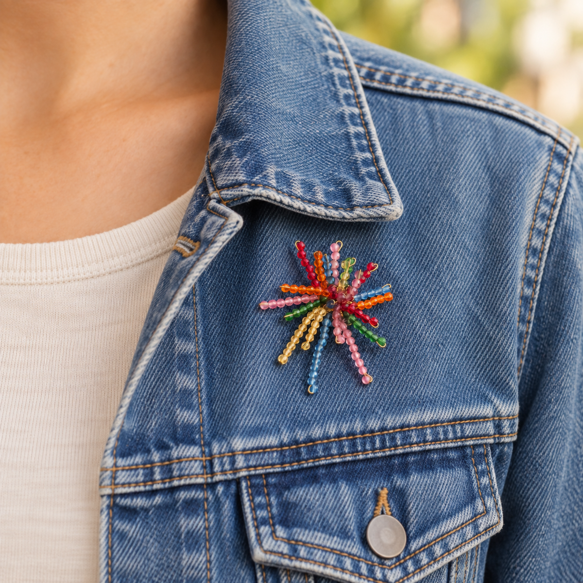 Multicoloured beaded firework burst brooch worn on a casual blue denim jacket over a cream top.