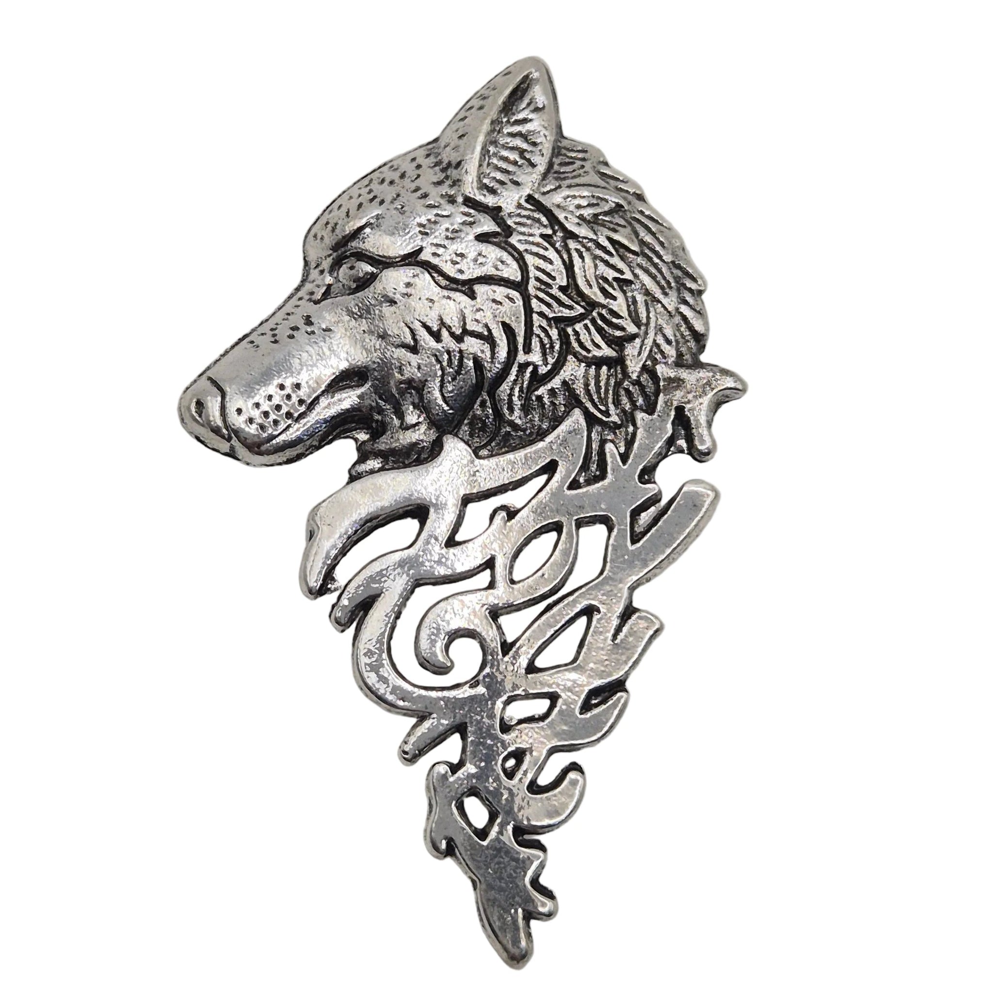 A silver-toned metal pin shaped like a wolf's head with ornate cutout details below, shown on a plain white background.