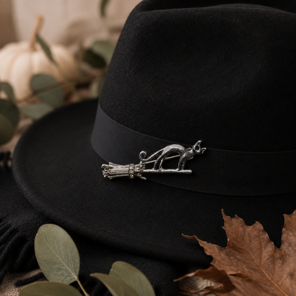 A black felt hat with a black ribbon band, decorated with a silver-toned metal broomstick with a cat standing on the top. Shown against a natural background with green and brown leaves.