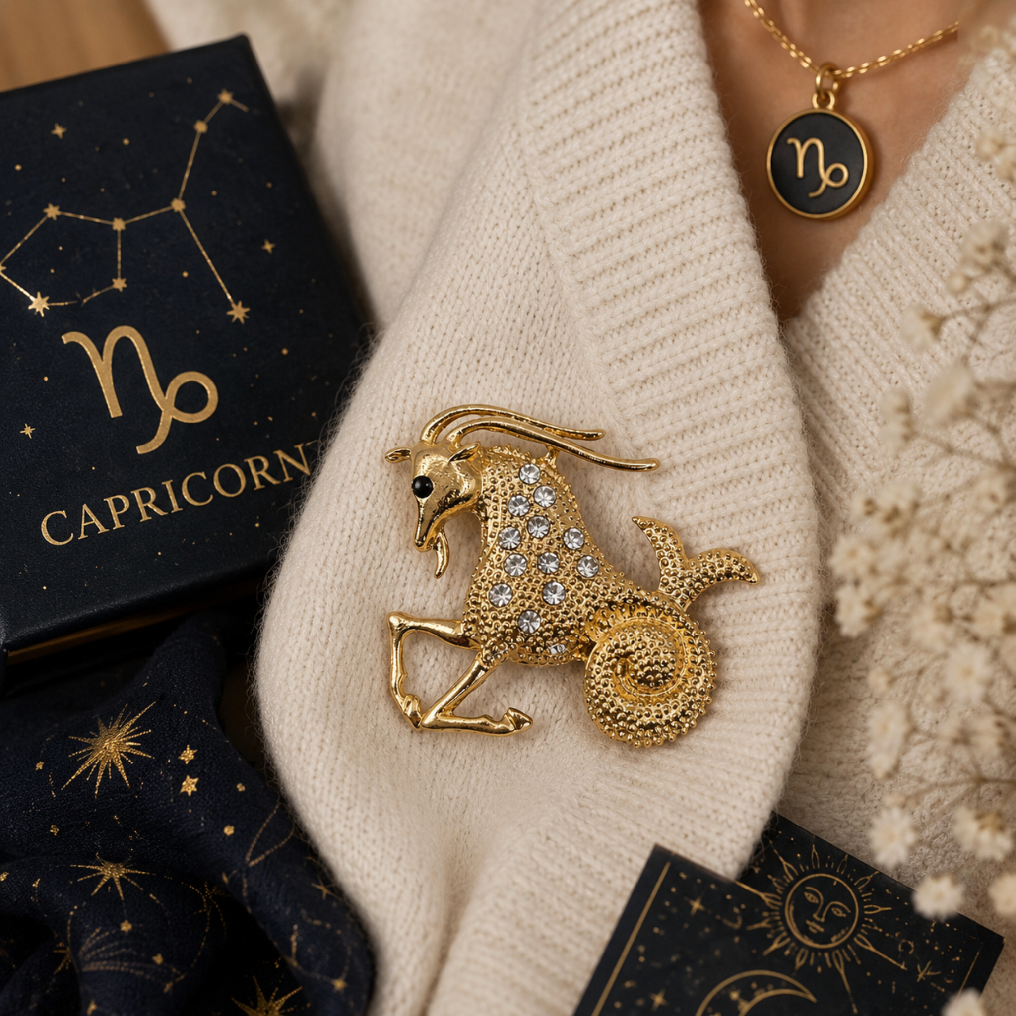 A gold-toned Capricorn zodiac pin brooch with clear rhinestones, pinned to a cream knit sweater. A matching gold necklace with a Capricorn pendant is visible on the model's neck, alongside a navy blue Capricorn-themed box and starry fabric.