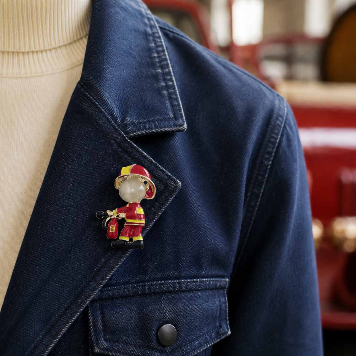 A firefighter-themed enamel pin with a red helmet and yellow reflective details, pinned to the lapel of a dark blue denim jacket over a cream ribbed turtleneck sweater.