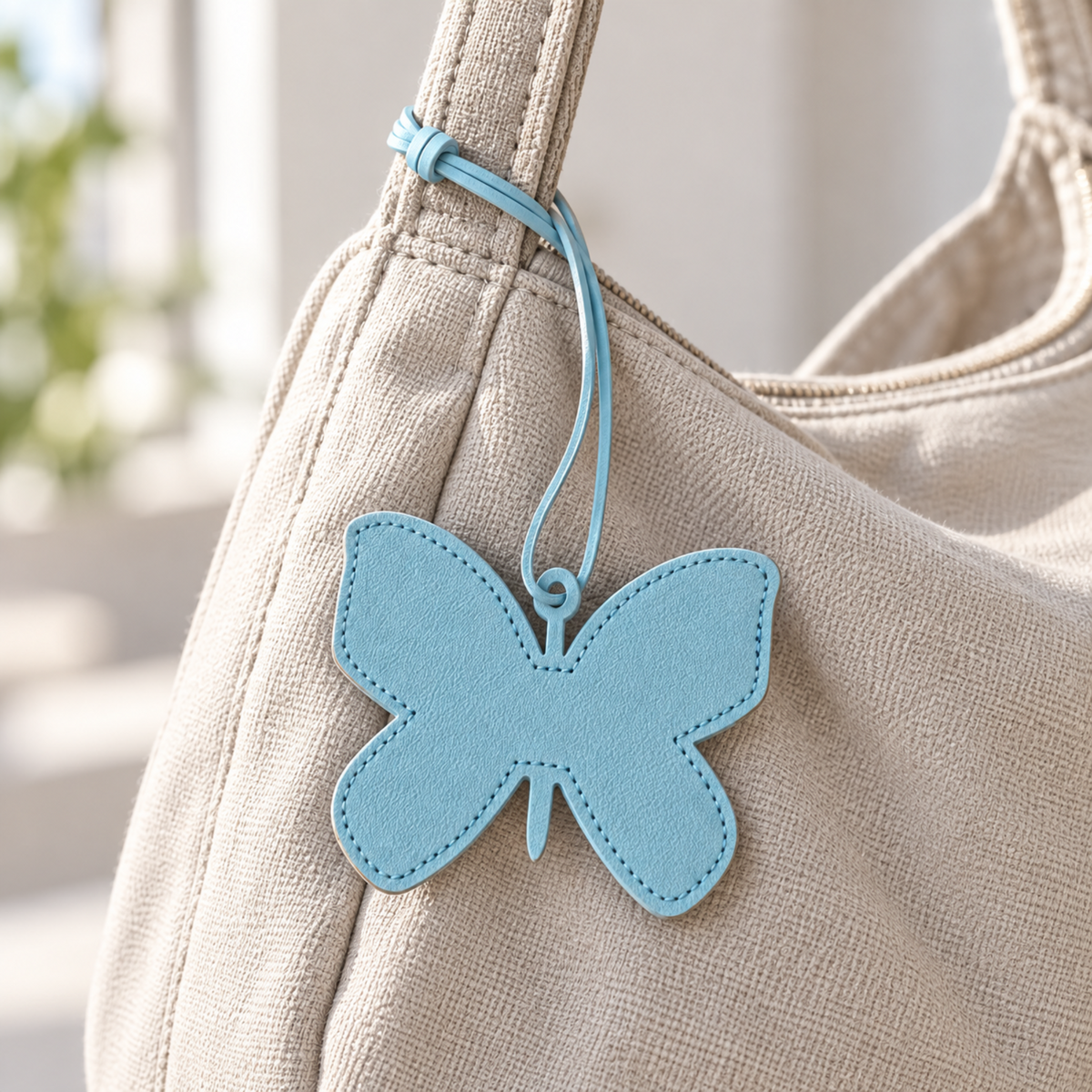 A light blue leather butterfly-shaped keychain or bag charm attached to a beige canvas shoulder bag, shown in a softly blurred indoor setting.