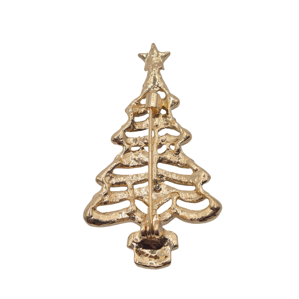 A gold Christmas tree-shaped brooch with an openwork design and a star on top, shown against a plain white background.