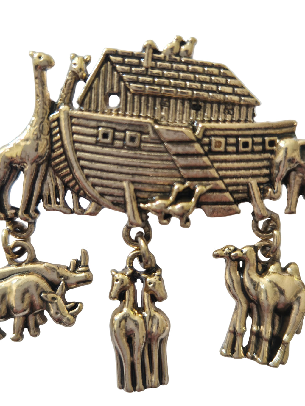 gold-colored charm brooch with Noah's Ark and animals on a white background