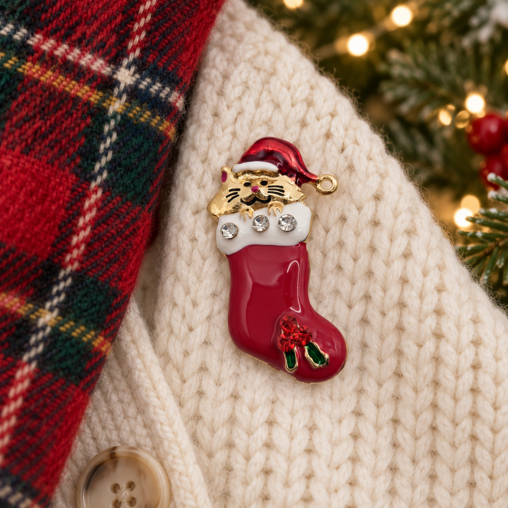 A Christmas-themed enamel pin shaped like a stocking with a cat inside, styled on a cream knit cardigan next to a red plaid sweater and blurred Christmas lights.