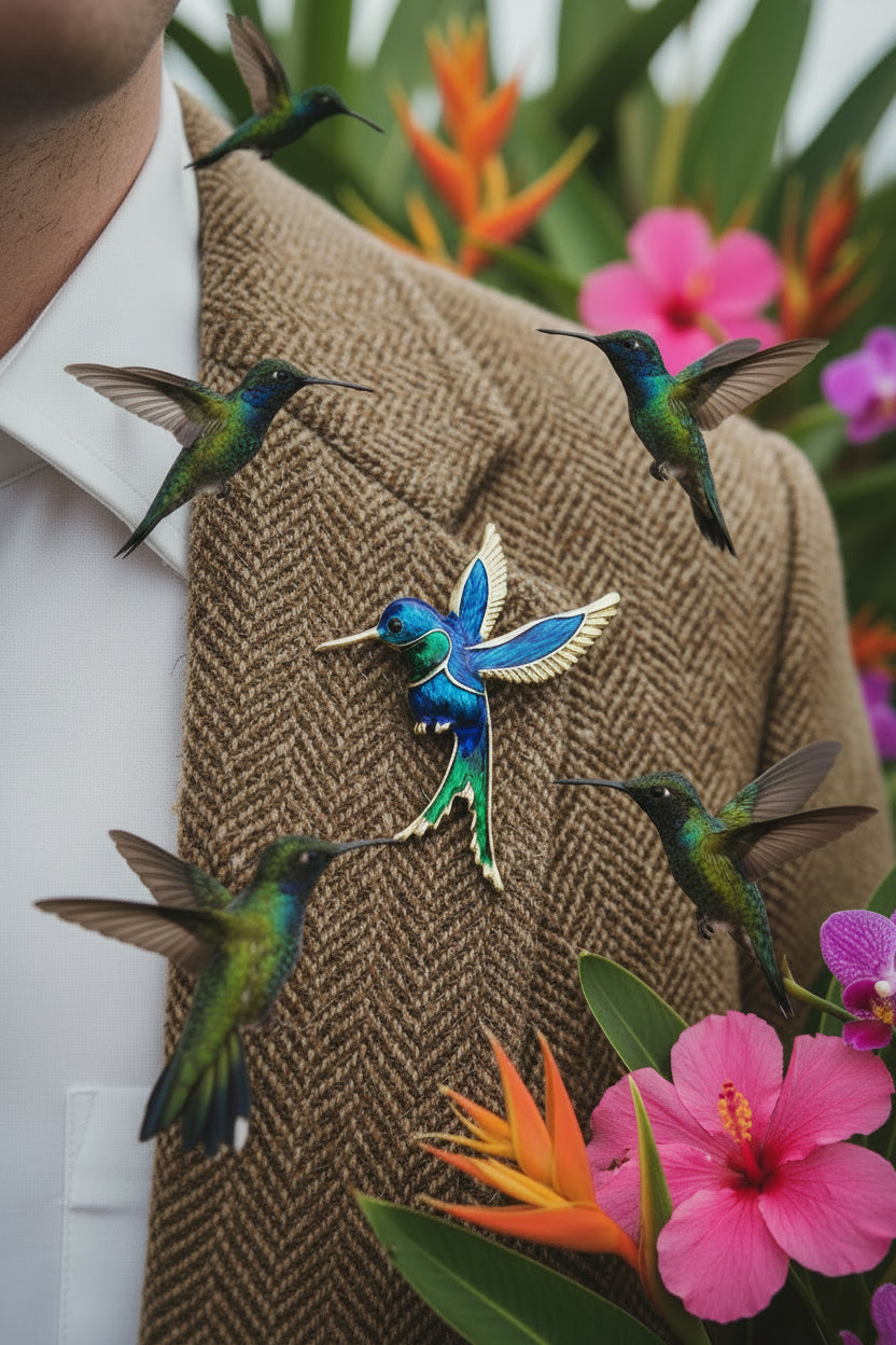 A close-up of a person wearing a brown herringbone blazer over a white collared shirt, with a colorful hummingbird brooch pinned to the chest. The background is filled with tropical flowers and green foliage.