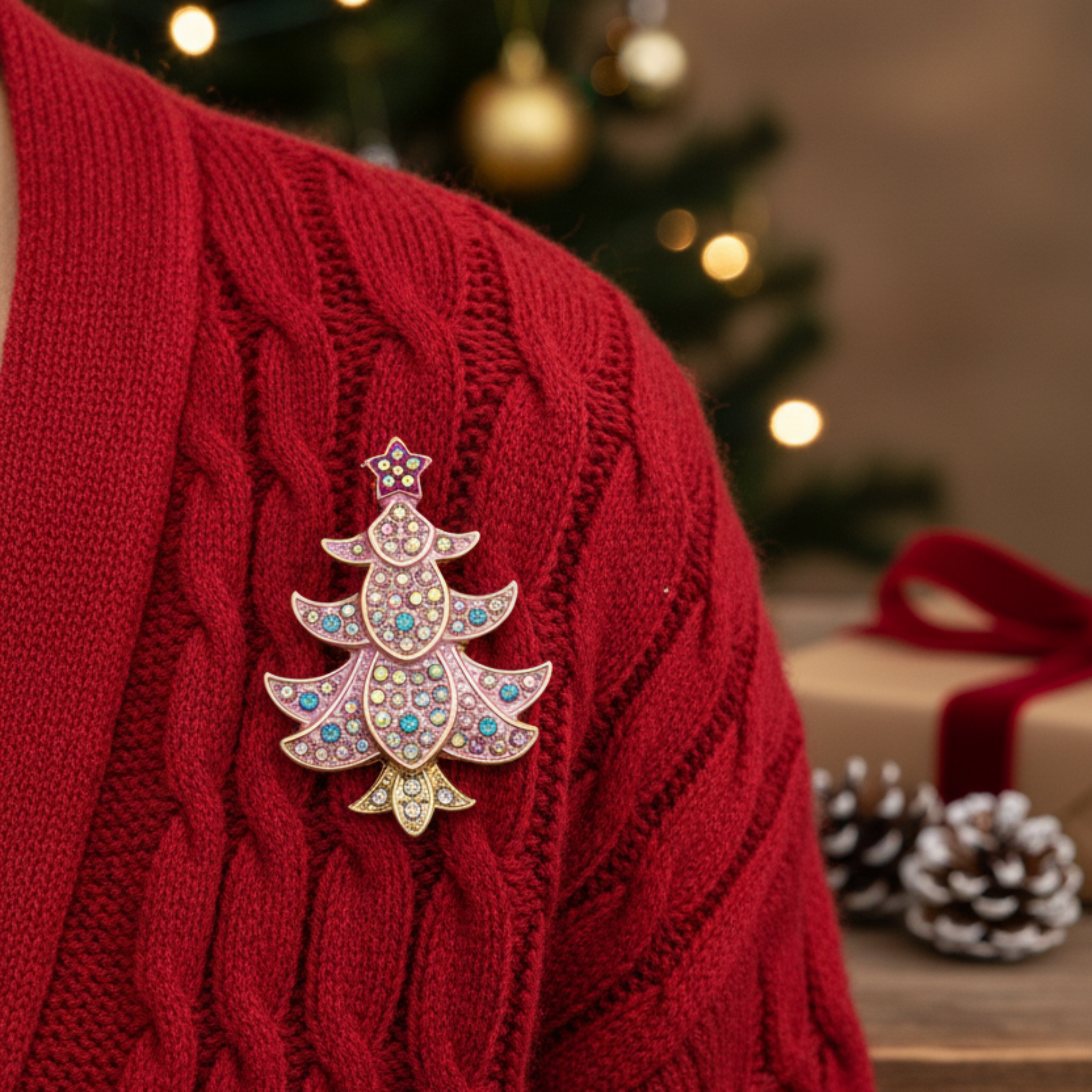 A Christmas tree-shaped brooch featuring pink enamel, gold-tone metal outlines, and multiple iridescent rhinestones in shades of blue, purple, and green, topped with a star. Shown pinned to a red cardigan.
