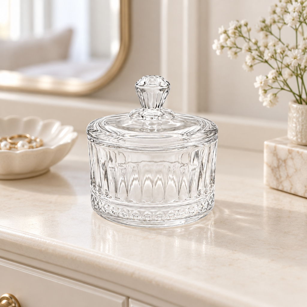 A clear glass lidded jar with a ribbed, faceted pattern sits on a cream marble dresser in a styled room setting with a mirror, flowers, and jewelry visible in the background.