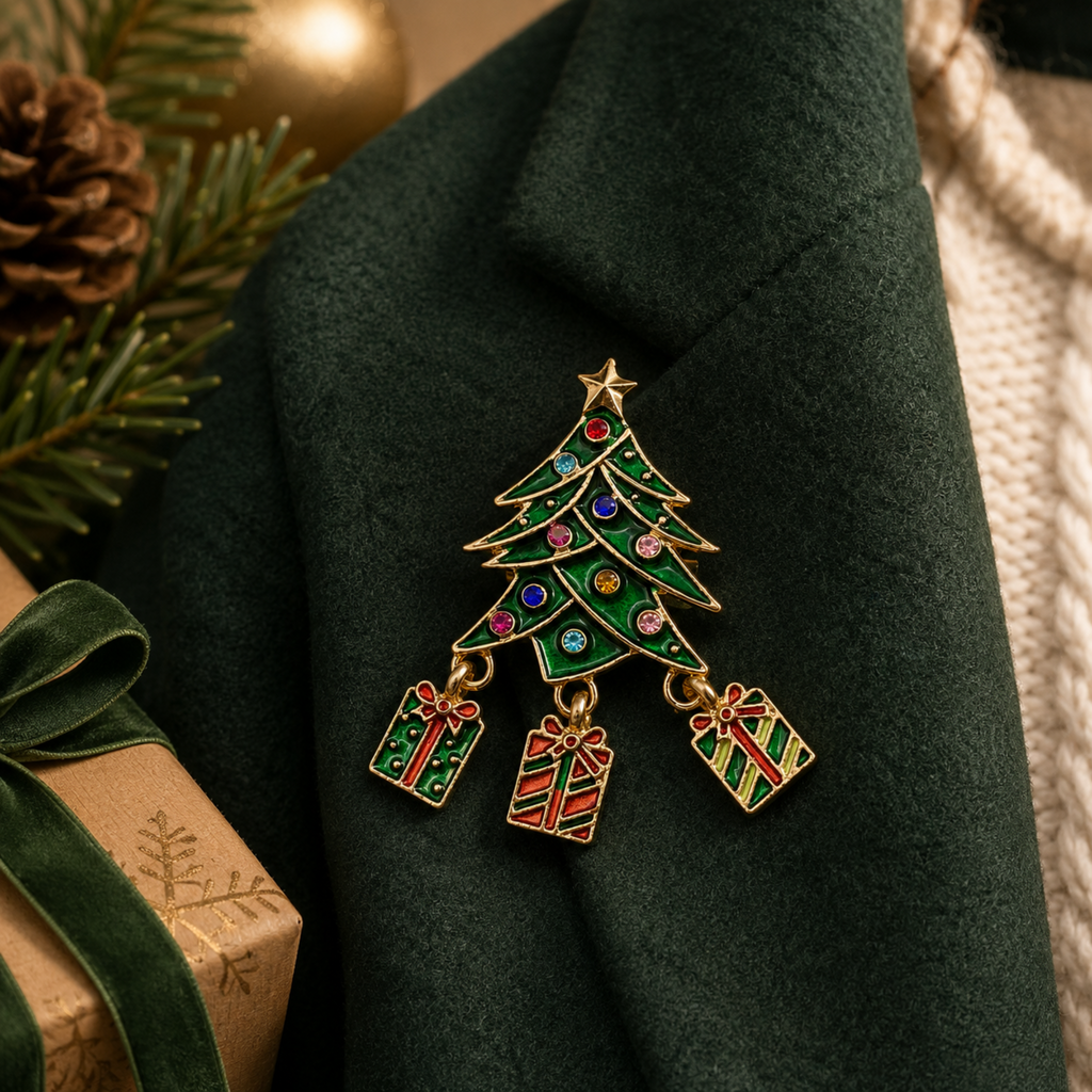 A gold-tone Christmas tree brooch with colorful green, red, and blue enamel details and hanging gift boxes, displayed on a dark green coat with holiday props.