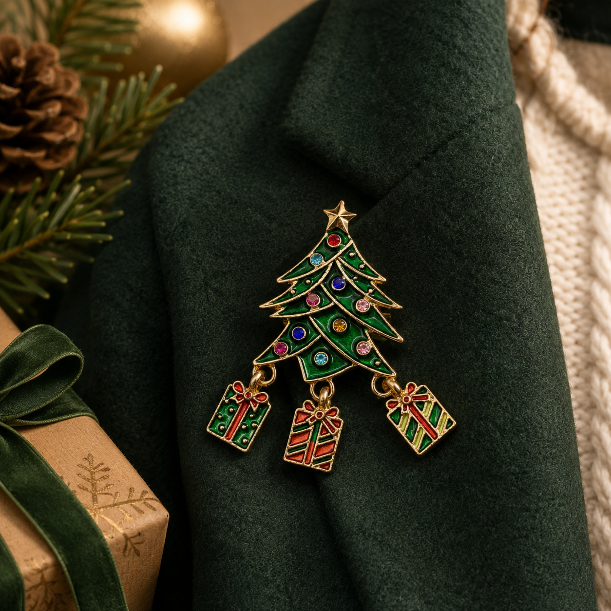 A gold-tone Christmas tree brooch with colorful green, red, and blue enamel details and hanging gift boxes, displayed on a dark green coat with holiday props.