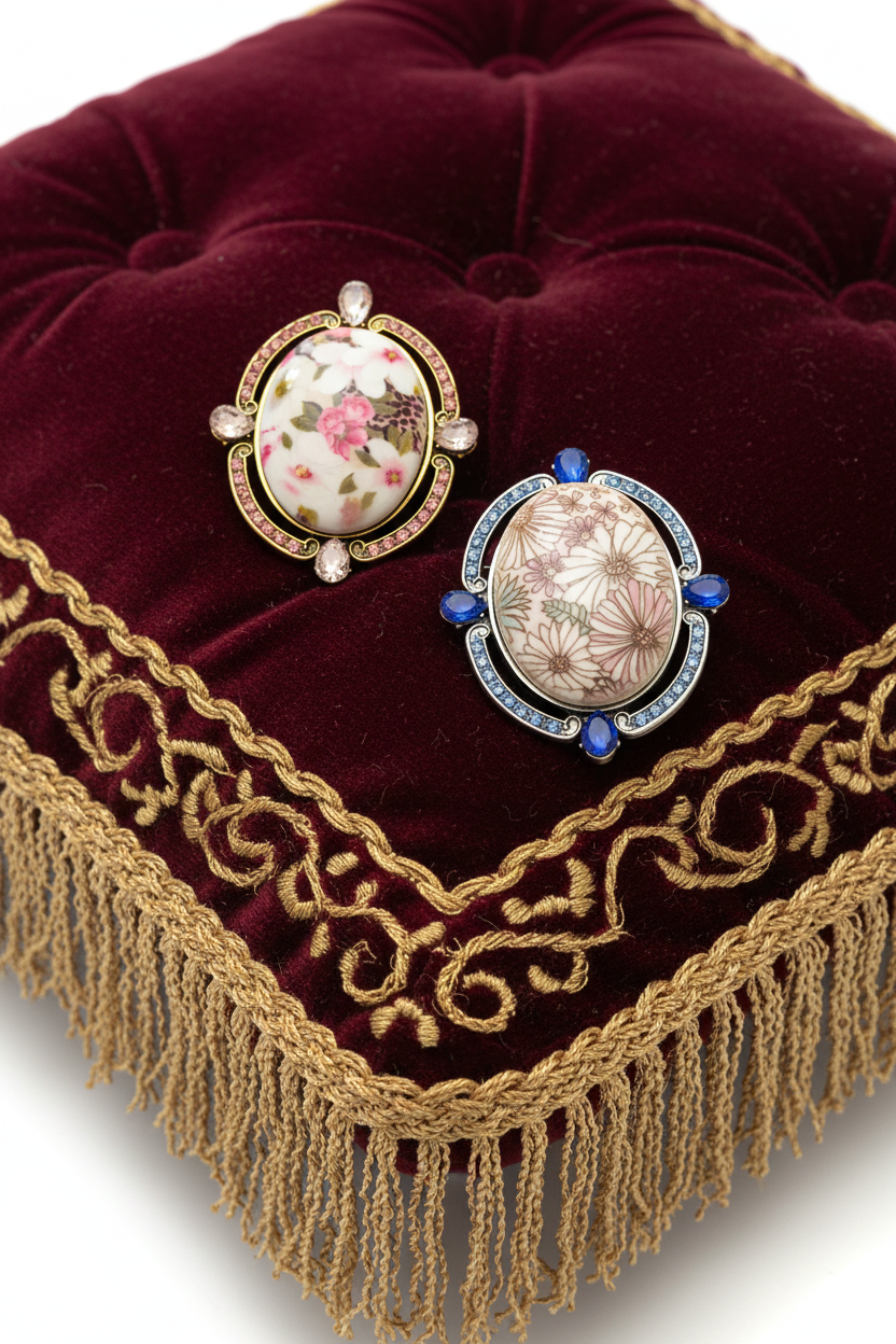 2 vintage floral brooch on cushions 