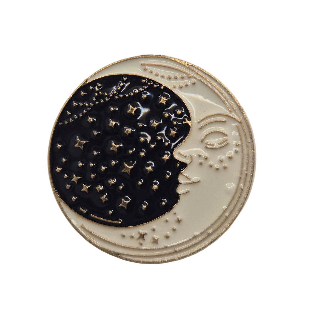 gold moon and stars celestial pin brooch on white background
