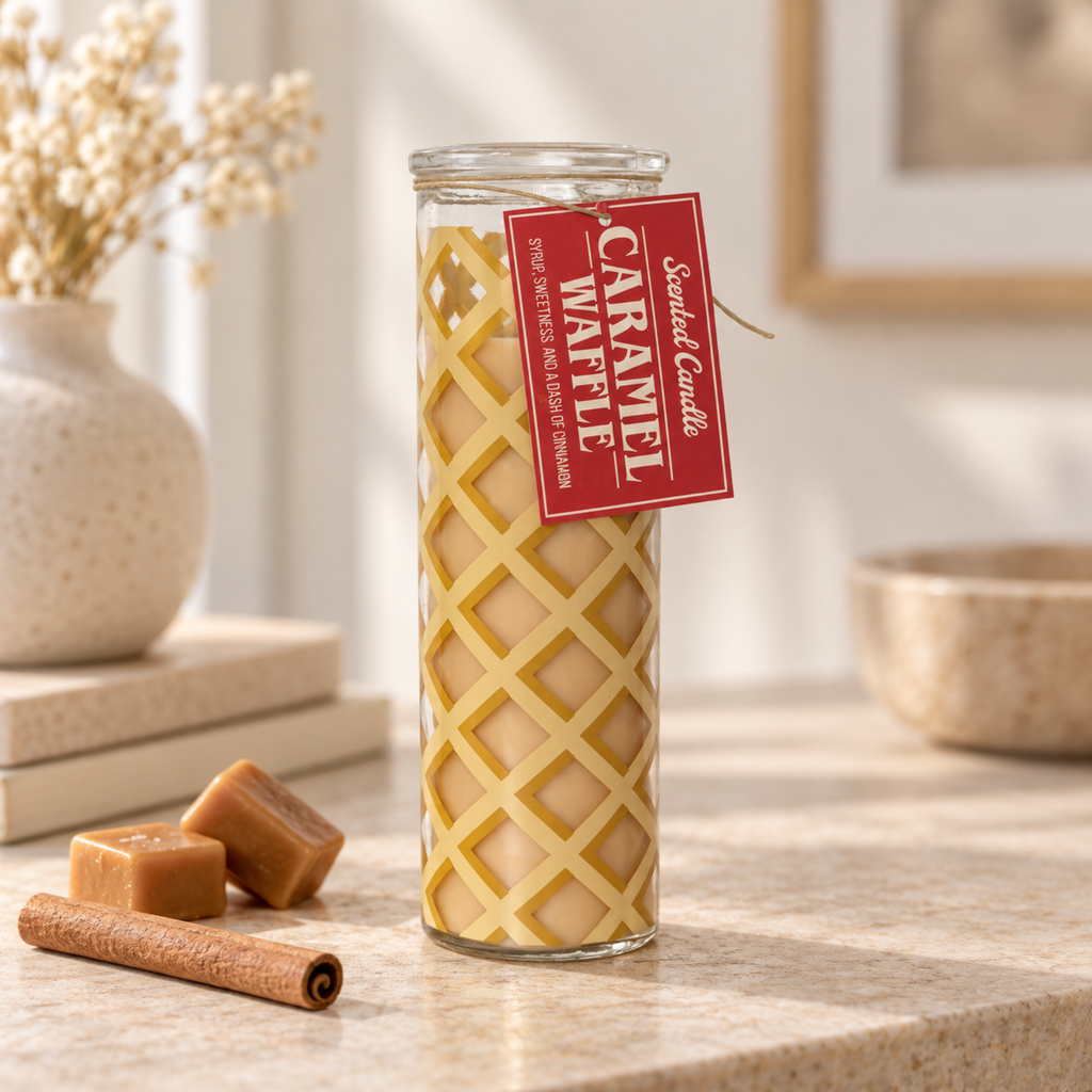 A tall glass jar candle labeled 'Caramel Waffle' with a red hanging tag, standing on a stone surface with caramel pieces and a cinnamon stick nearby. The background is softly blurred with a vase and framed art.