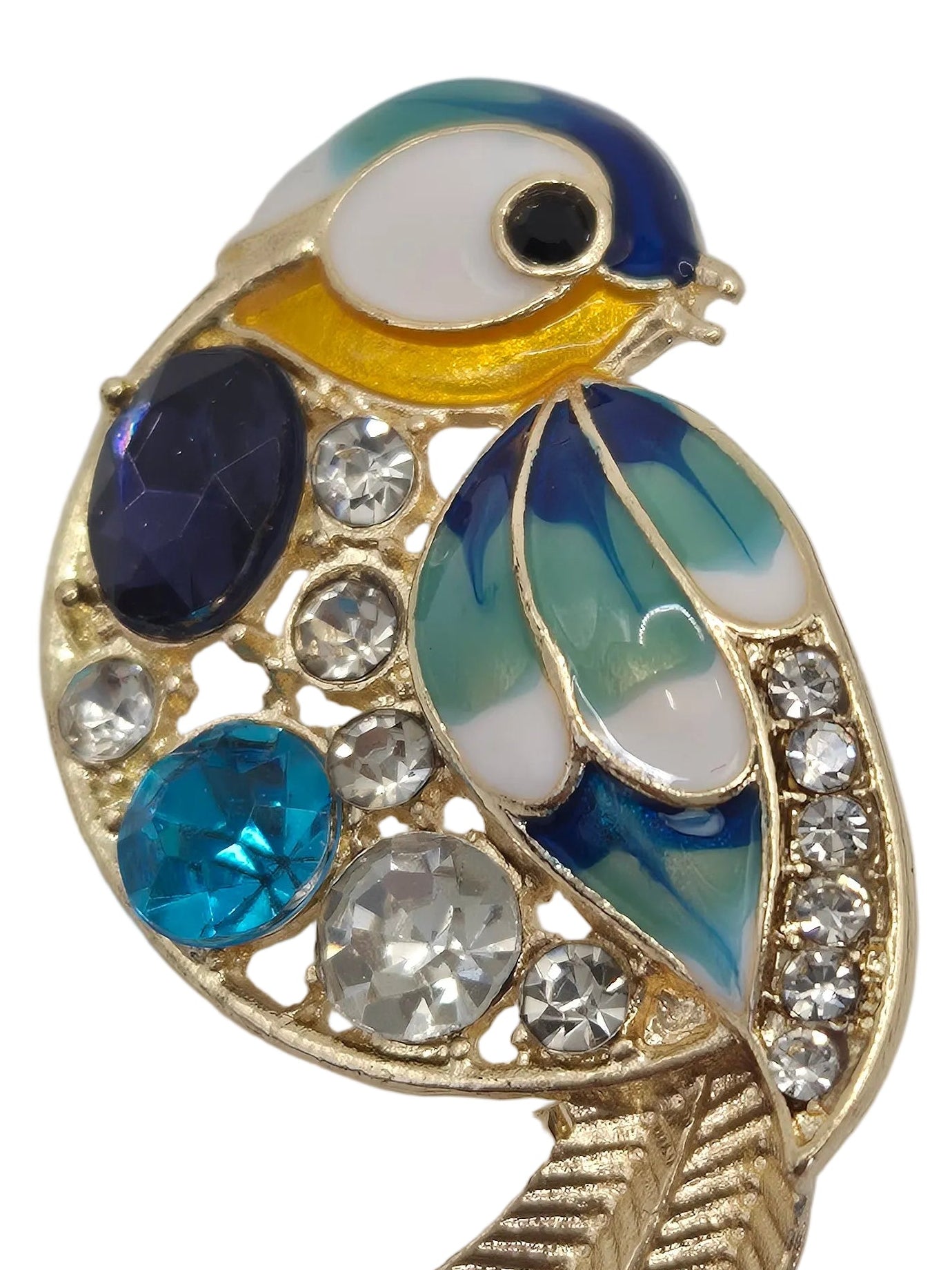 Blue and Gold Bird Brooch with Rhinestone Detail body view