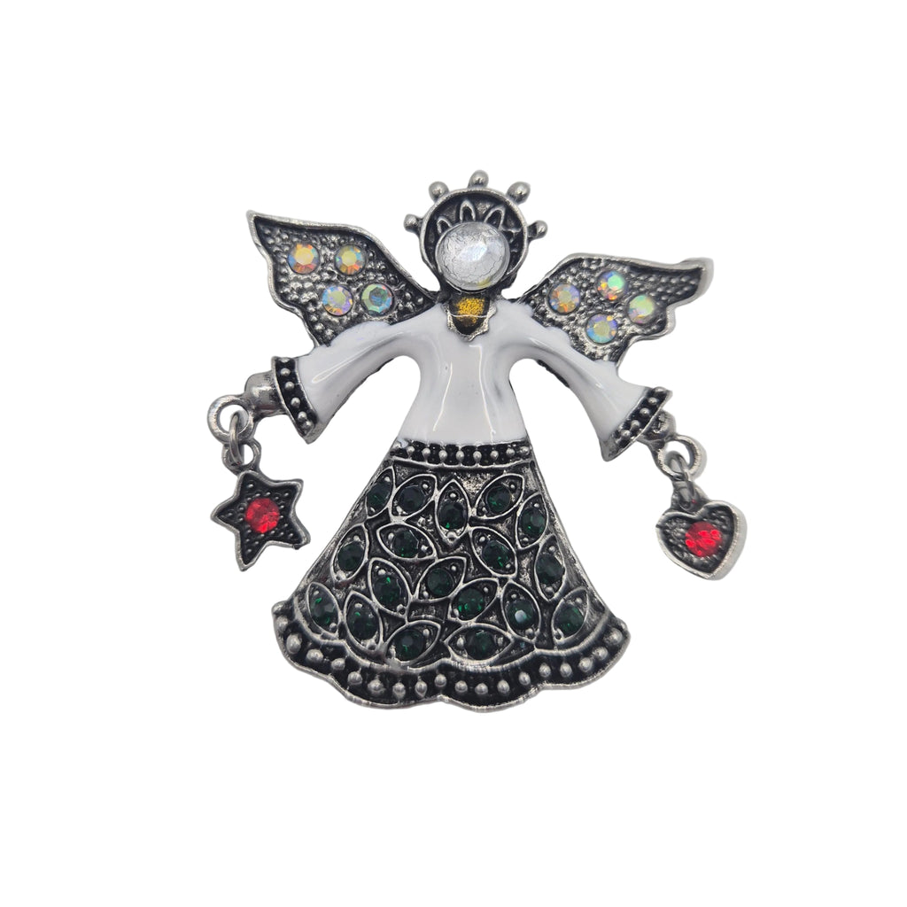 A silver-toned angel brooch featuring dark green rhinestones on the dress, multicolor iridescent stones on the wings, a clear central gem, and small red gemstone accents on a star and heart.