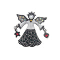 A silver-toned angel brooch featuring dark green rhinestones on the dress, multicolor iridescent stones on the wings, a clear central gem, and small red gemstone accents on a star and heart.