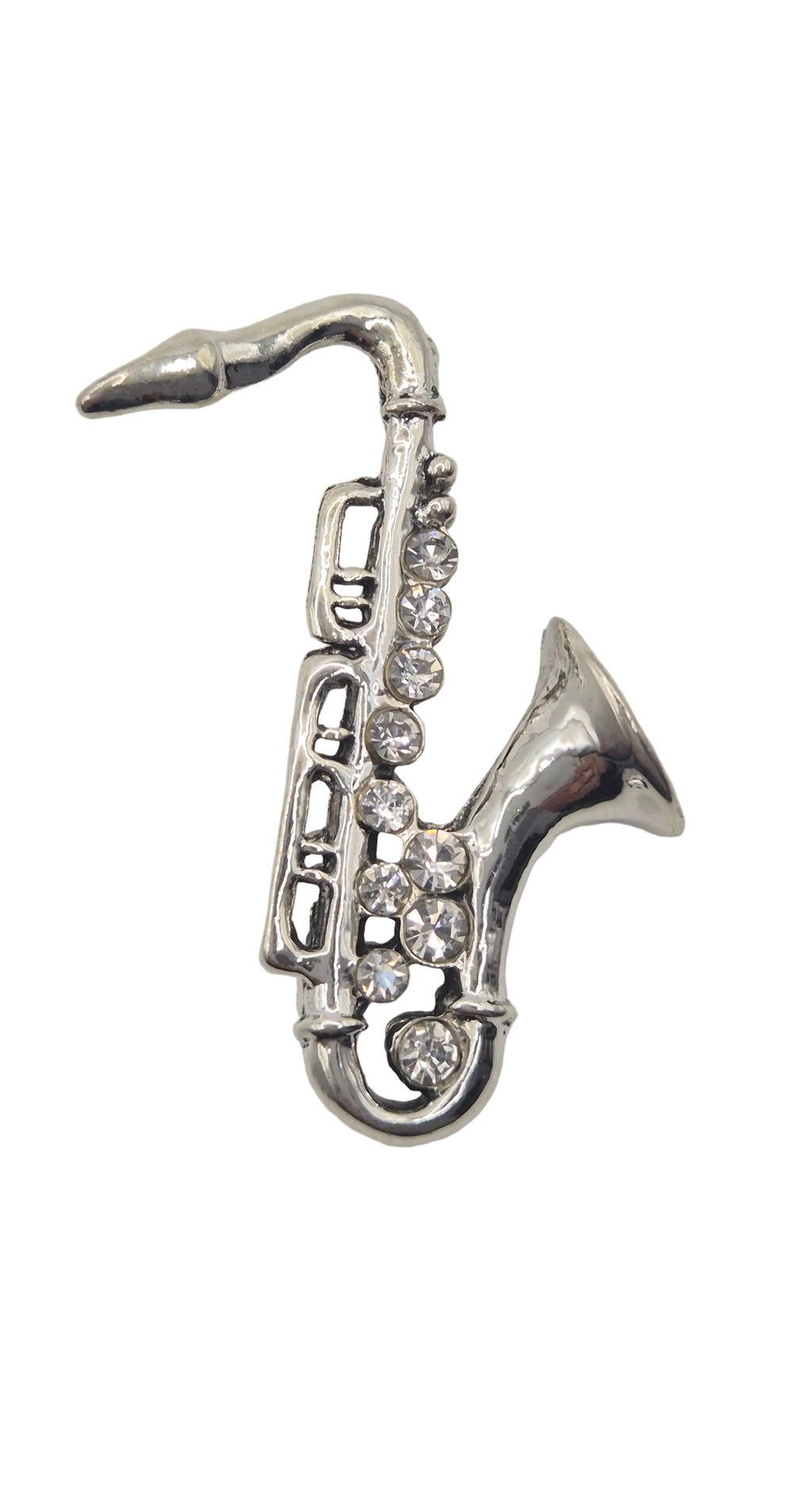 Silver Tone Metal Saxophone Brooch Rhinestone Detail Music Pin